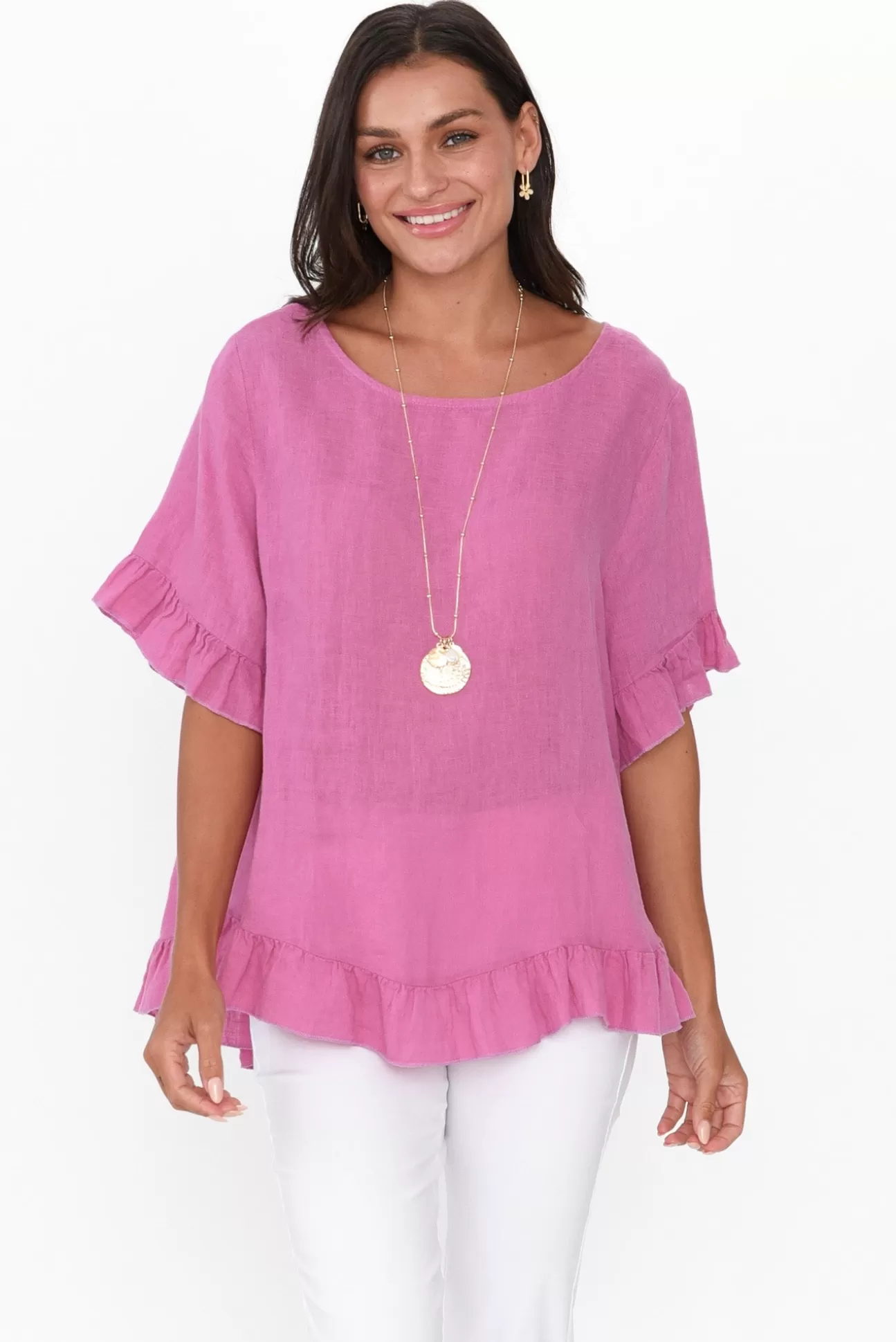 Cali and Co Genevieve Pink Linen Frill Top Cheap