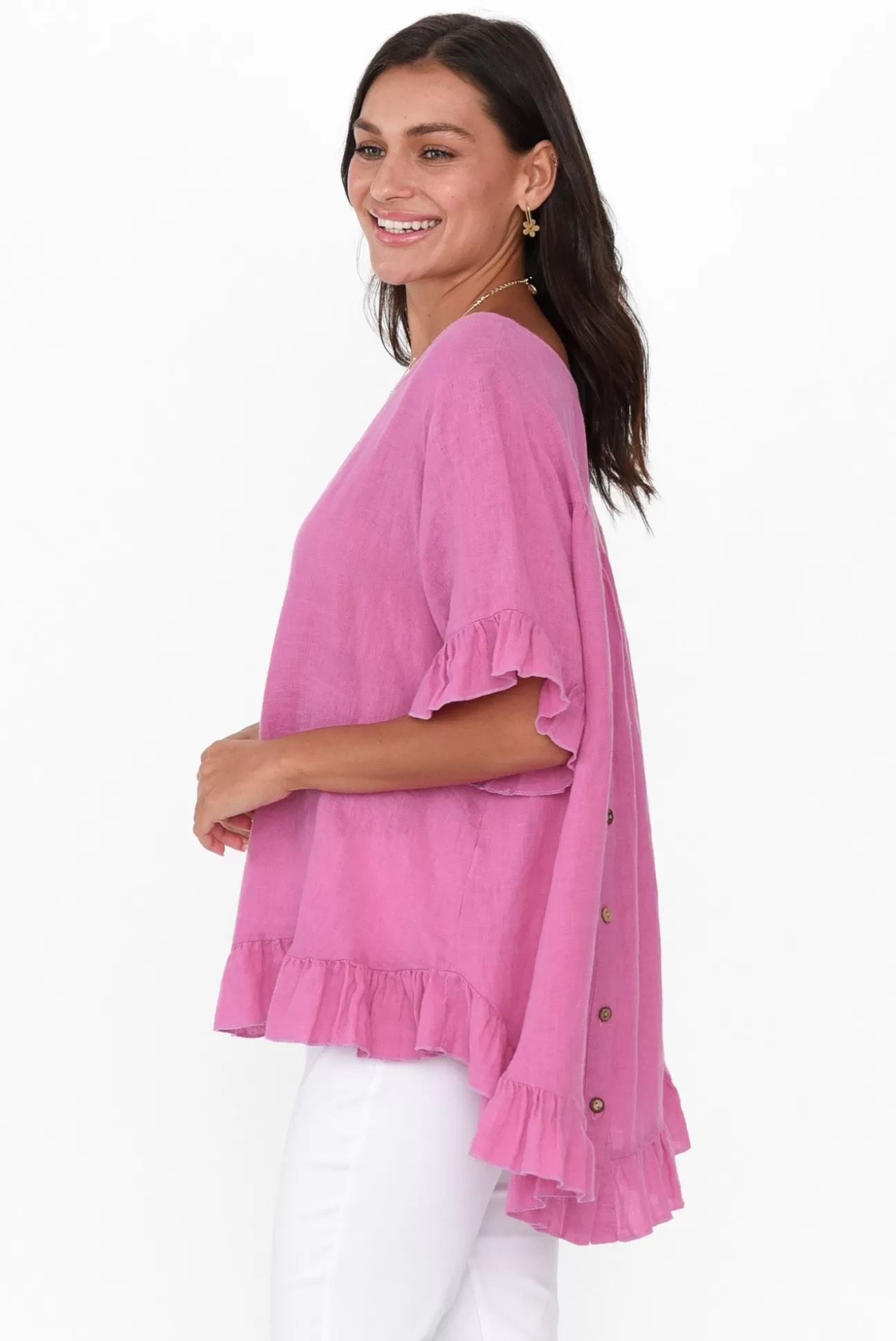 Cali and Co Genevieve Pink Linen Frill Top Cheap