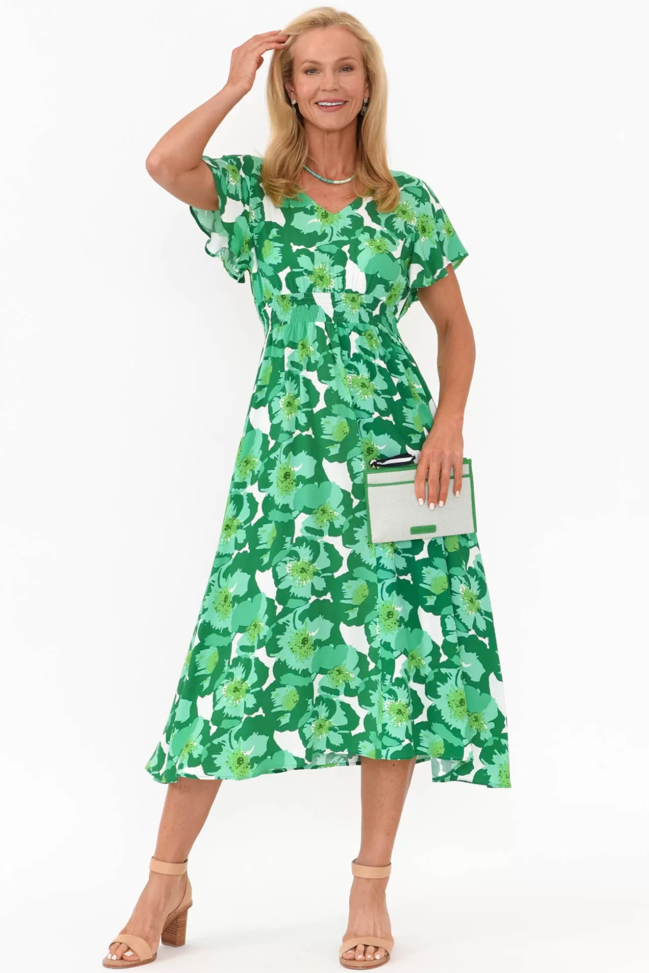 Slate the Label Georgette Green Floral Swing Dress Discount