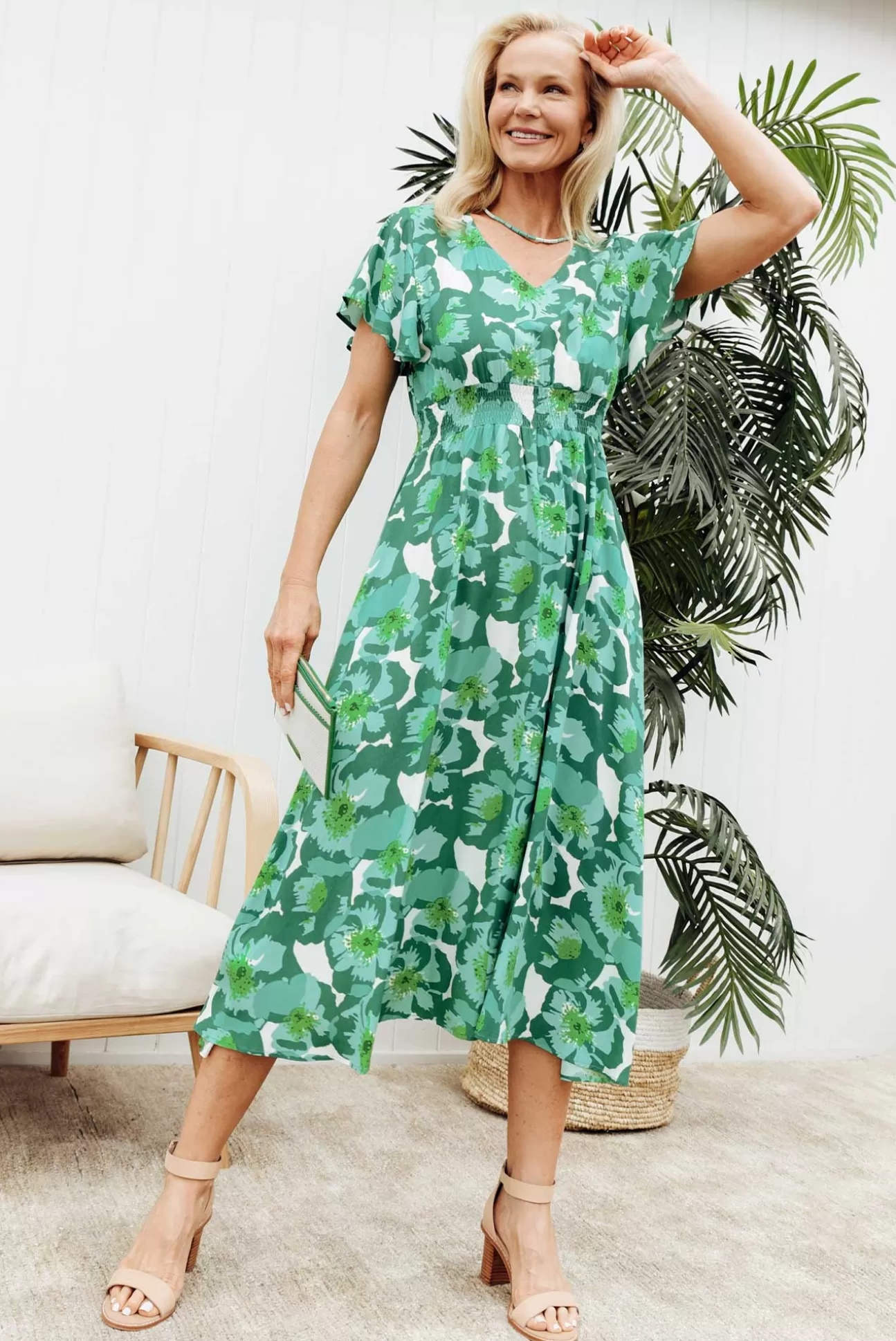 Slate the Label Georgette Green Floral Swing Dress Discount