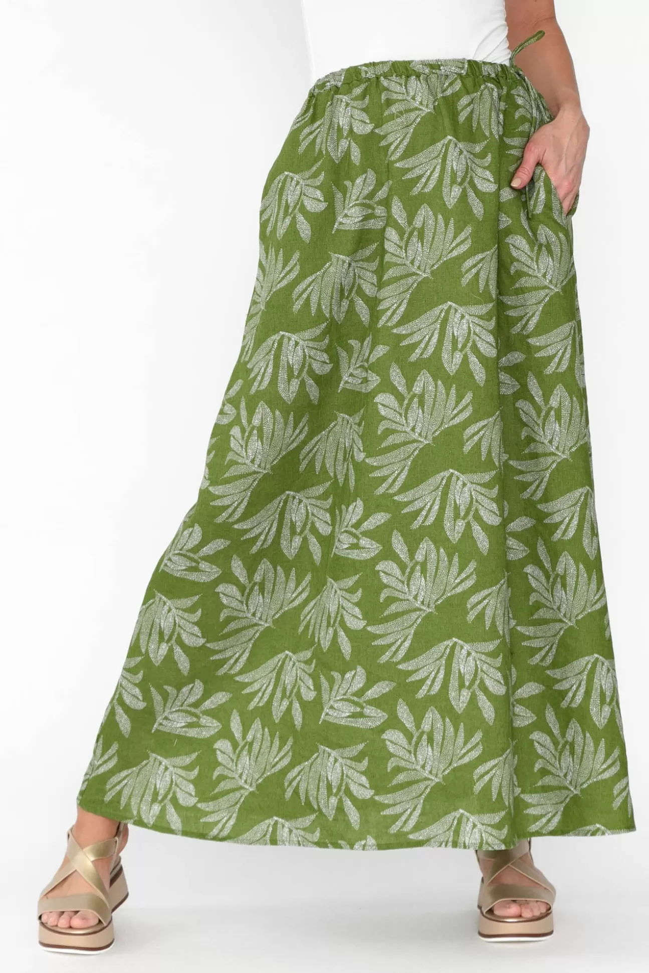 Stella Gemma Giana Green Palm Linen Maxi Skirt Outlet