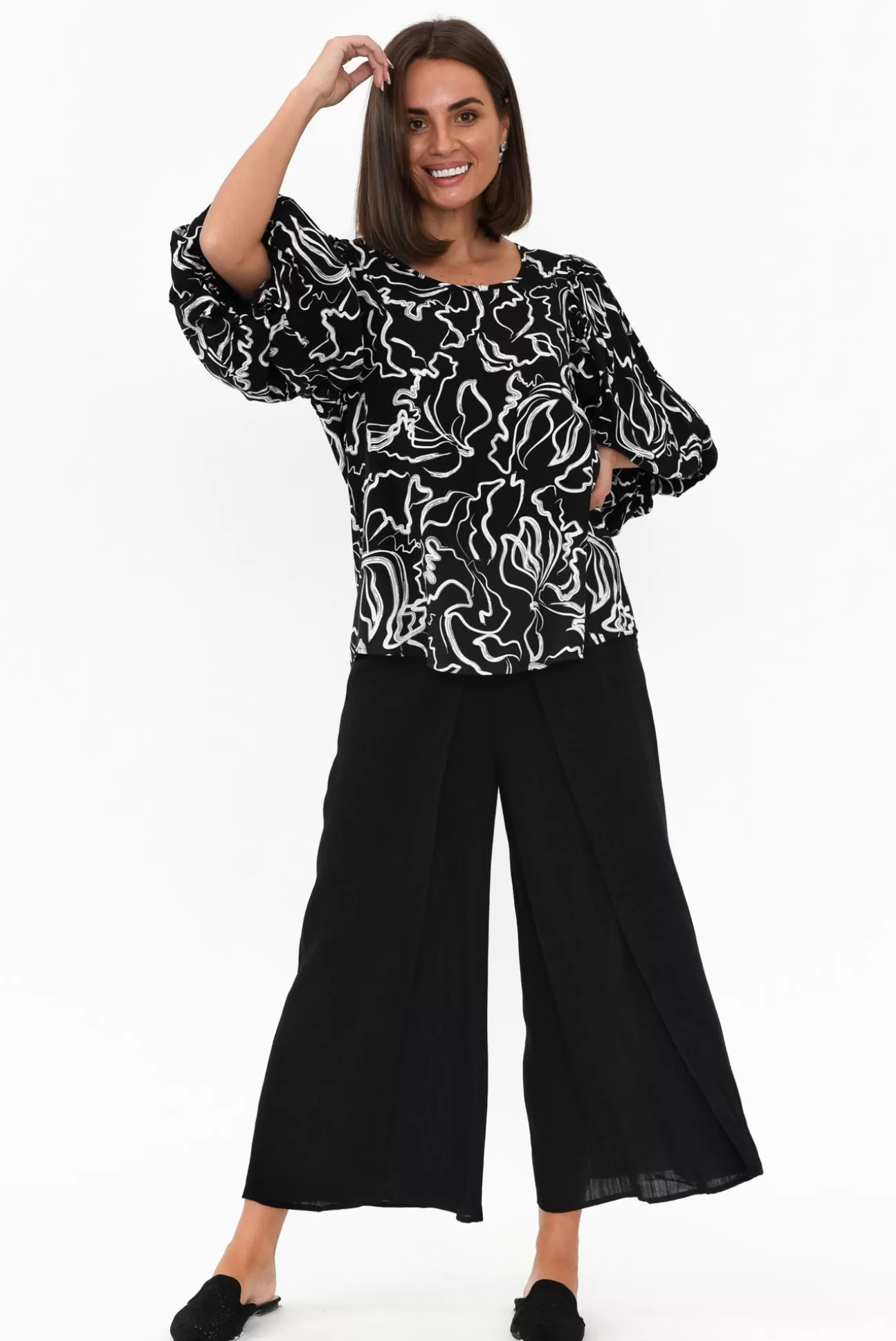 Willow Tree Gianna Black Linen Wide Leg Pant Sale