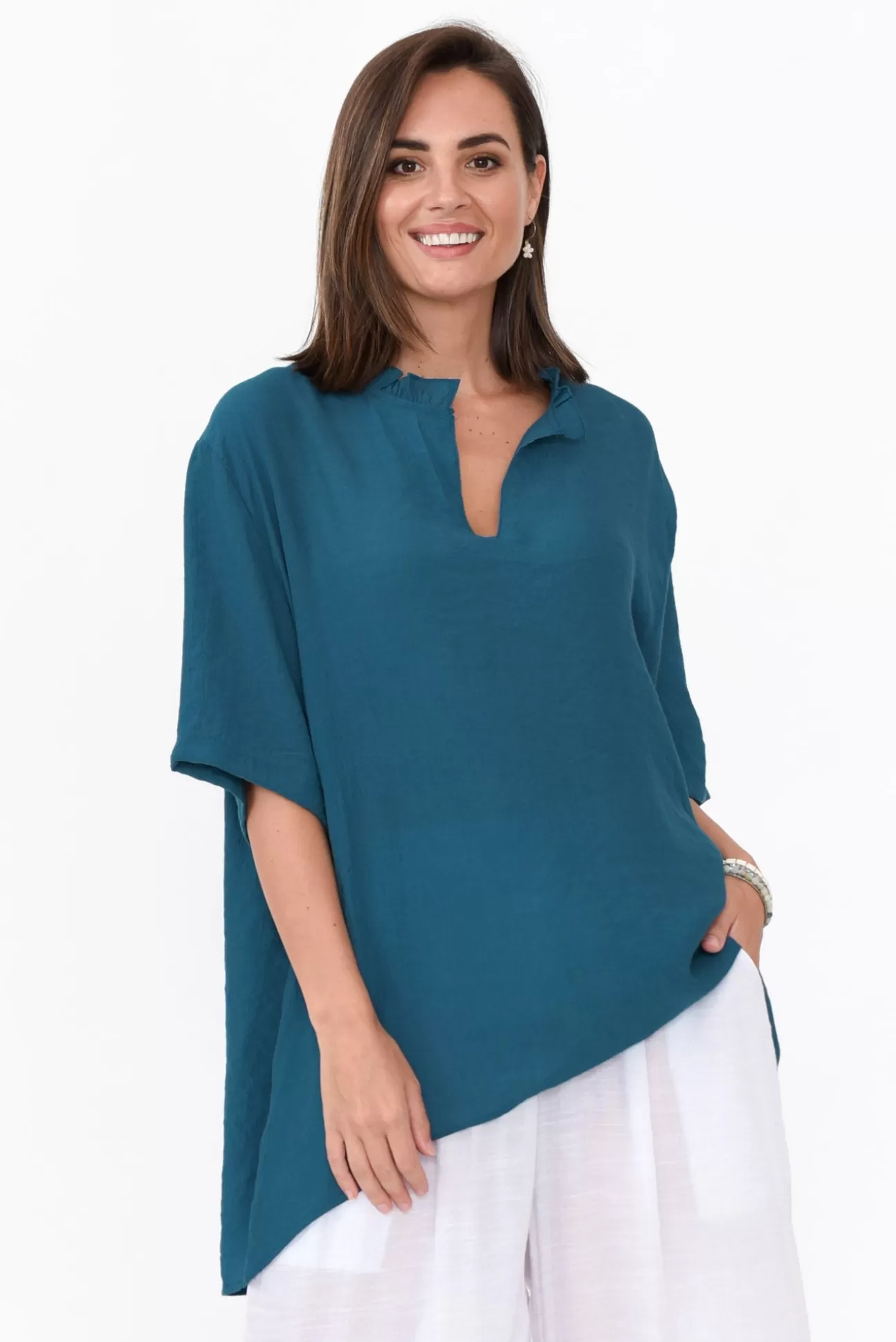 Cotton Village Gideon Teal Cotton Frill Top Flash Sale