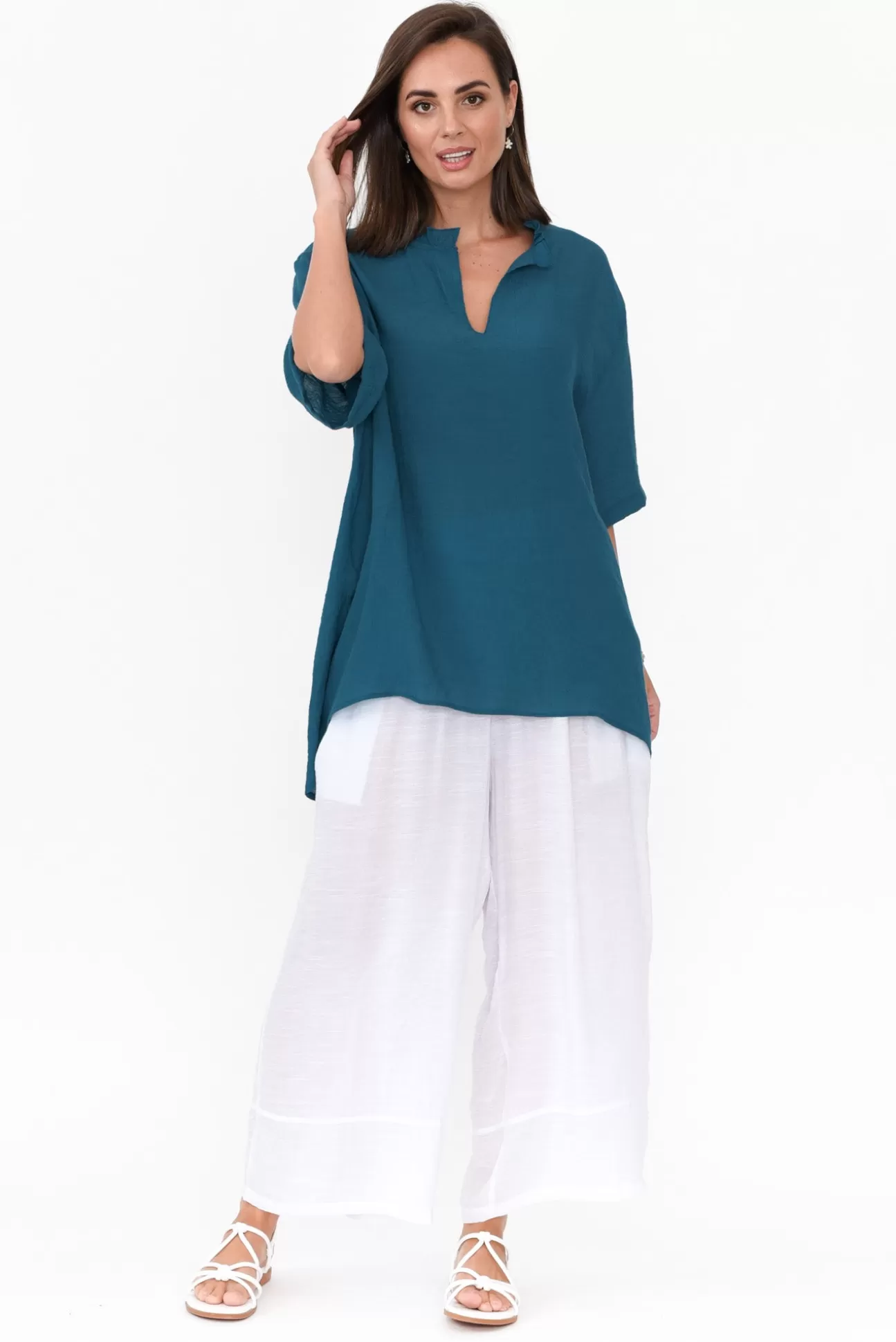 Cotton Village Gideon Teal Cotton Frill Top Flash Sale