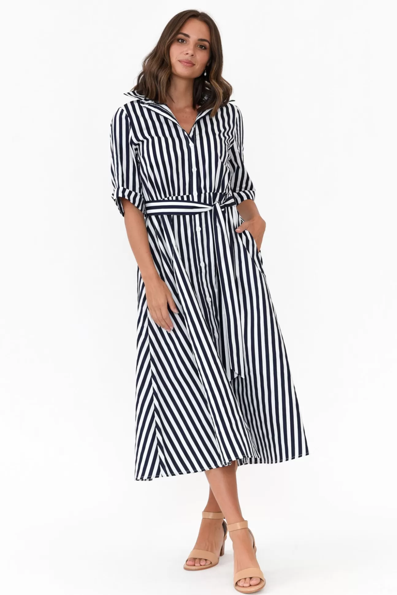 Slate the Label Grace Navy Stripe Cotton Poplin Dress Hot