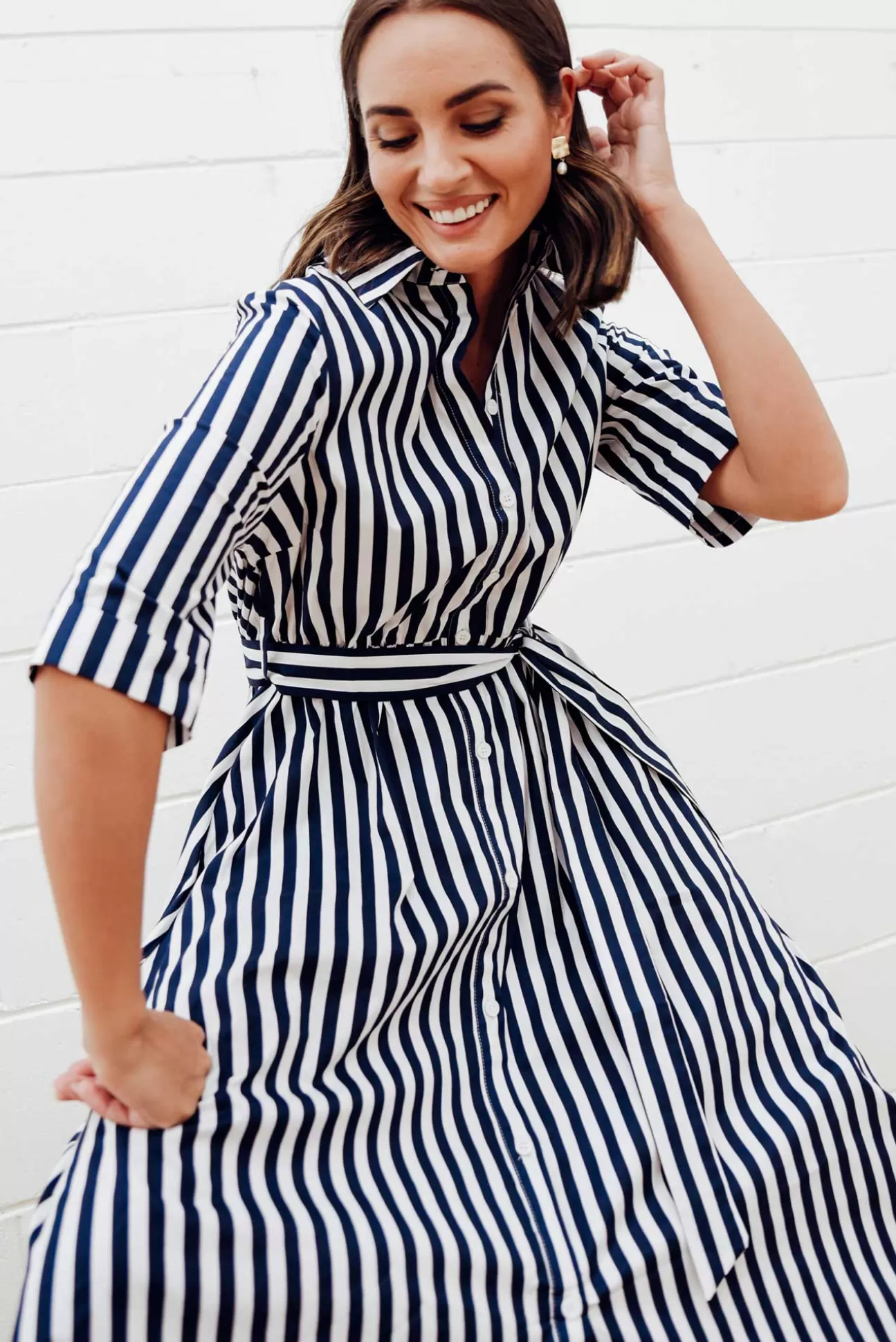 Slate the Label Grace Navy Stripe Cotton Poplin Dress Hot