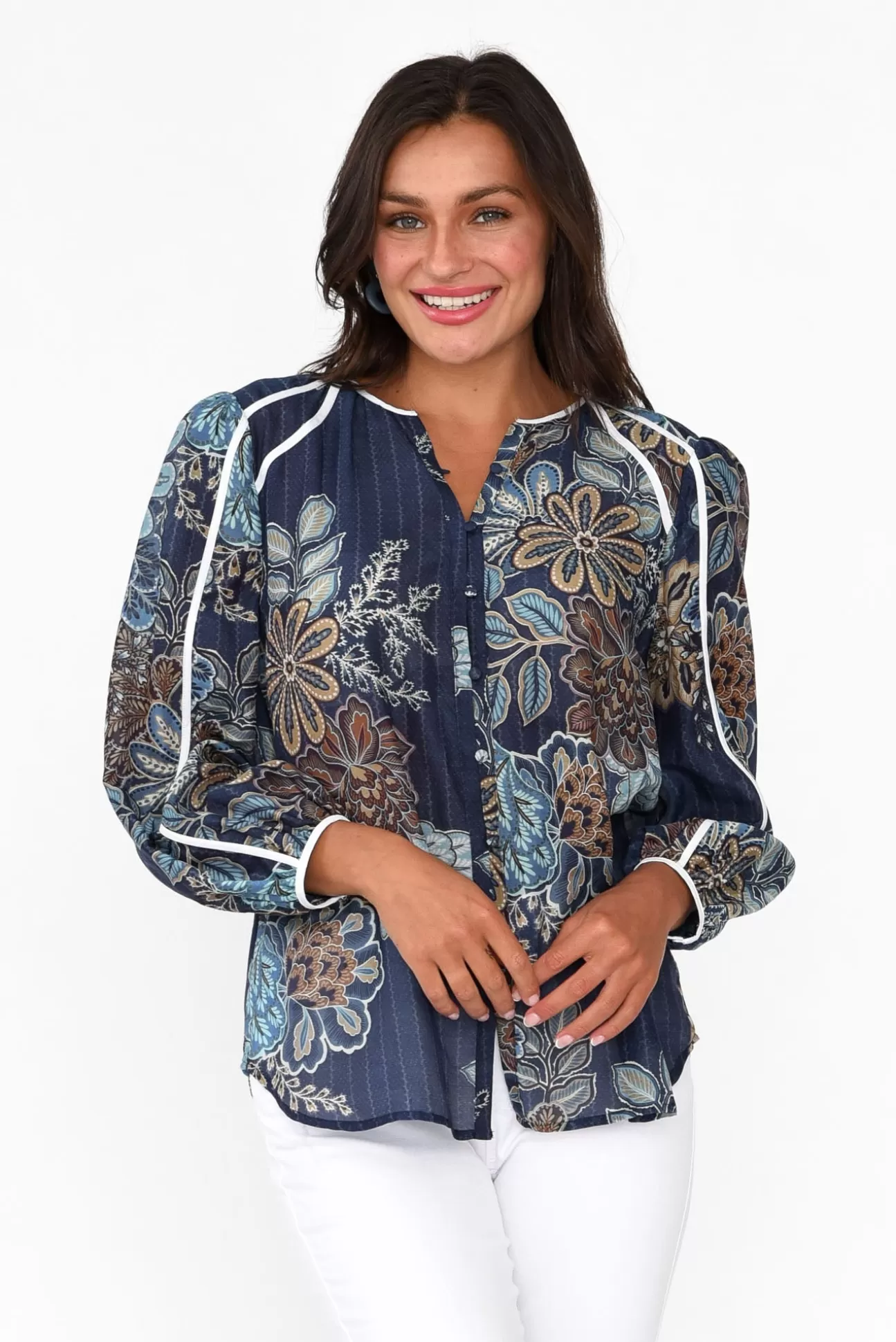 Once Was Gracia Navy Flower Cotton Silk Top Discount