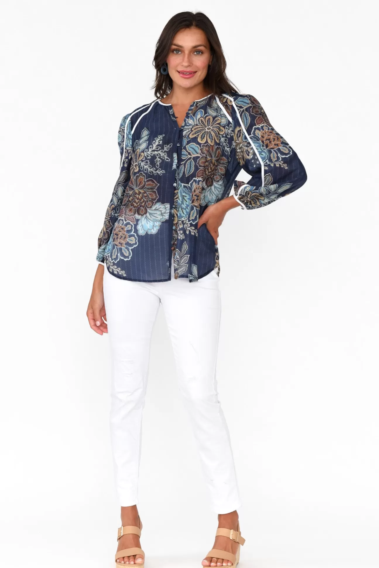 Once Was Gracia Navy Flower Cotton Silk Top Discount