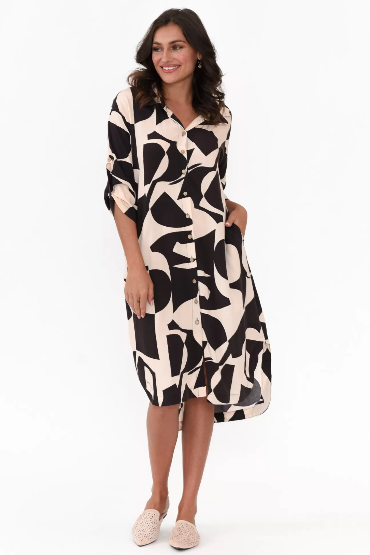 New U Collection Graham Black Abstract Shirt Dress Shop