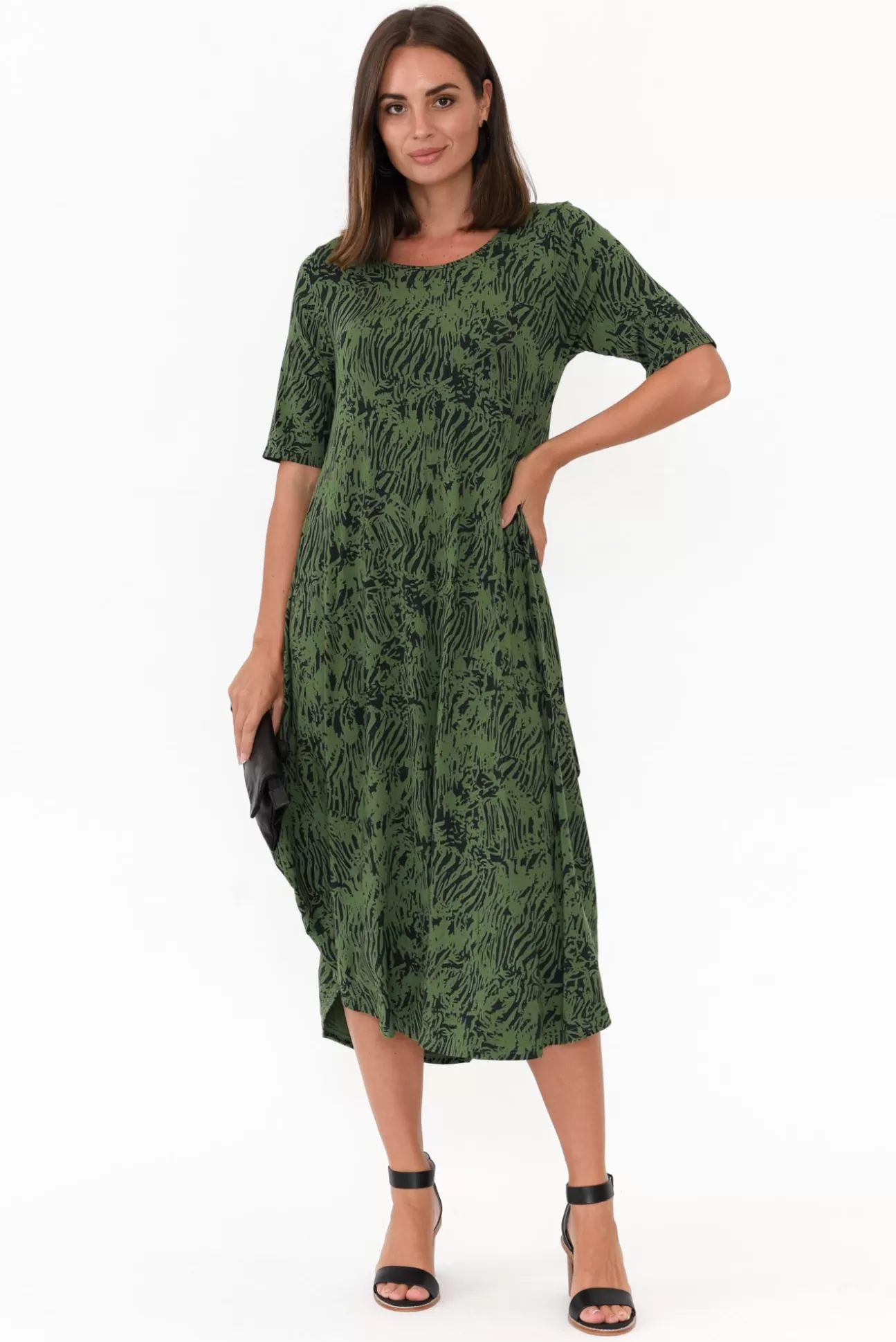 Tani Green Tiger Micro Modal Tri Drape Dress Hot