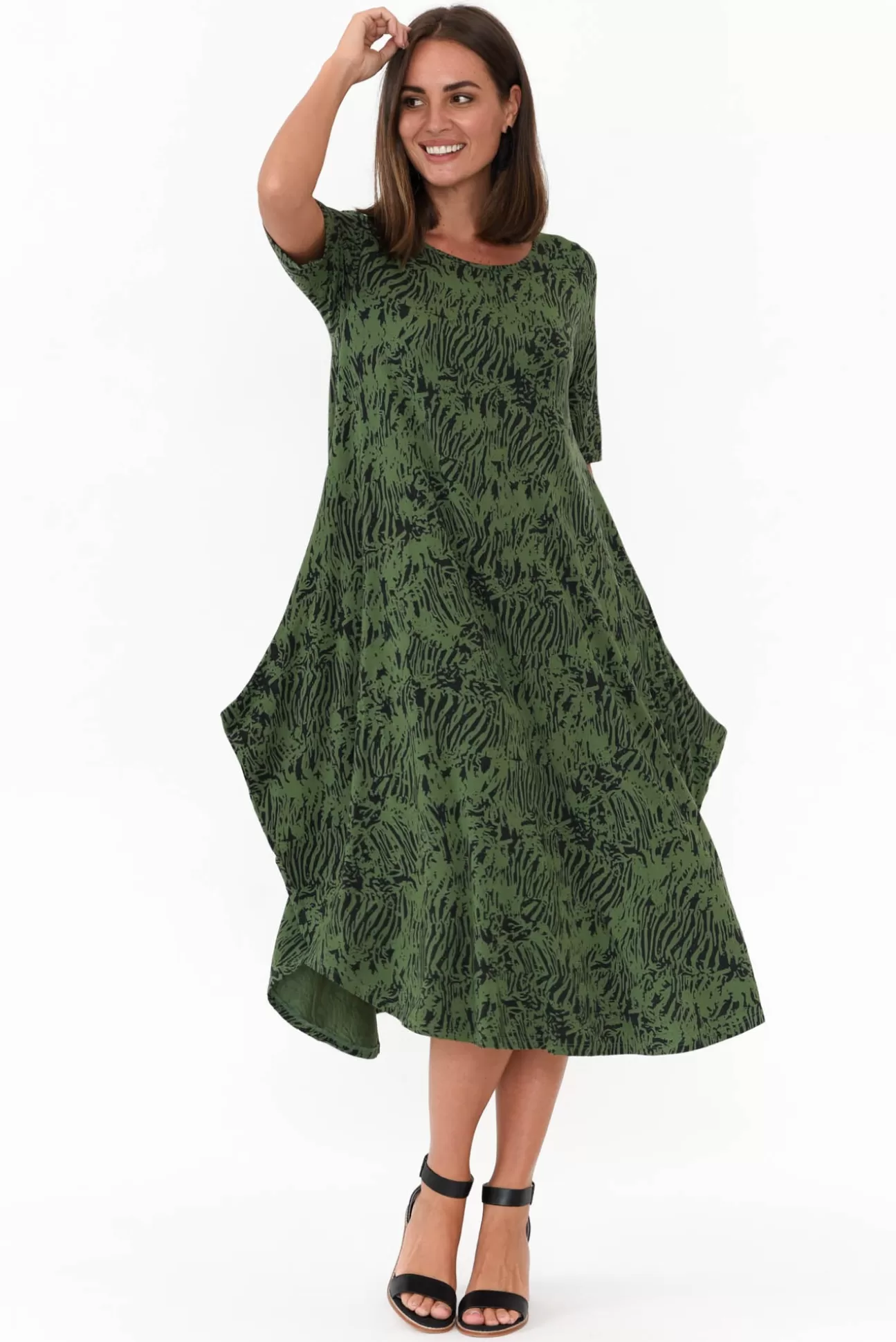 Tani Green Tiger Micro Modal Tri Drape Dress Hot