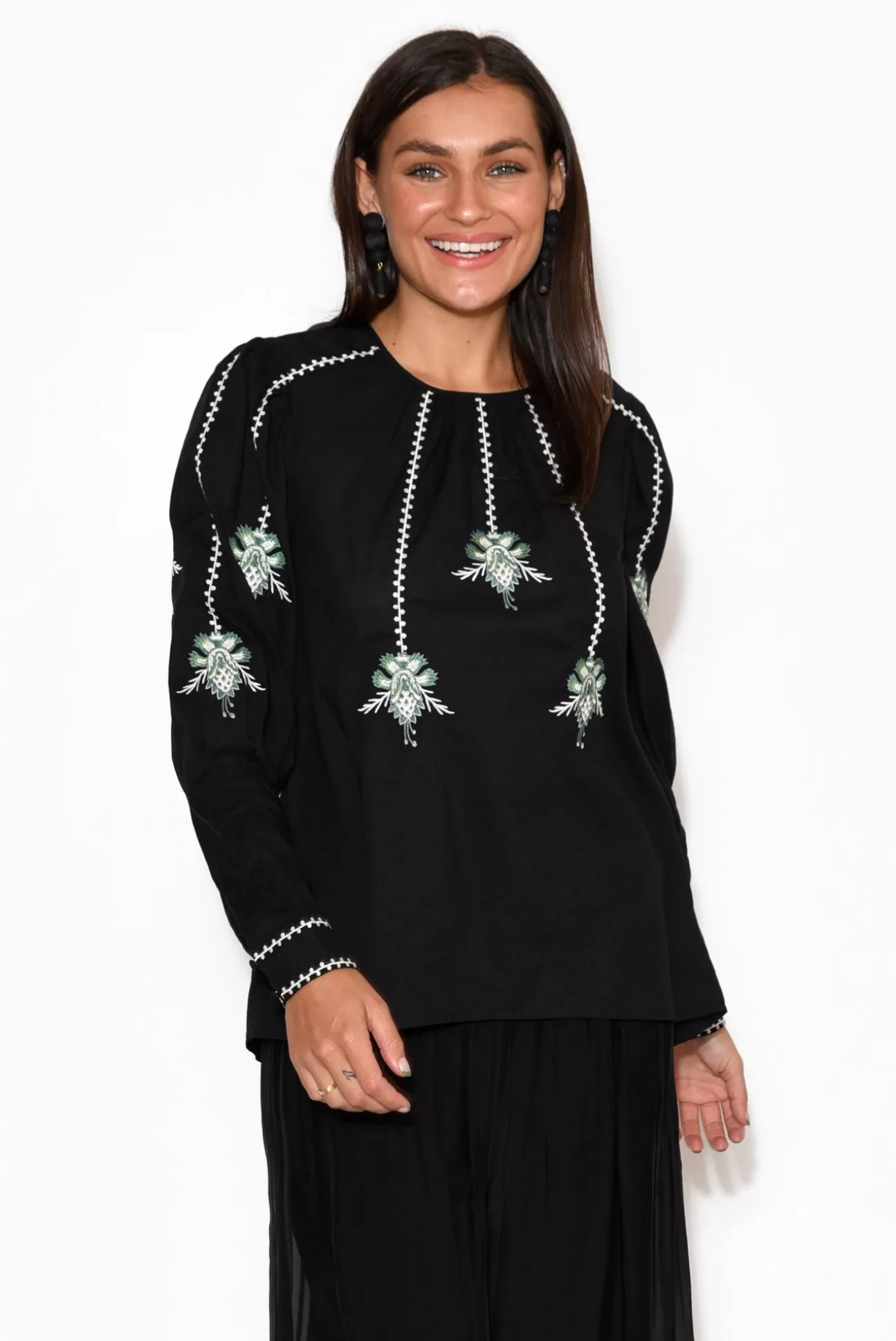 Once Was Grove Black Embroidered Bishop Sleeve Top Online