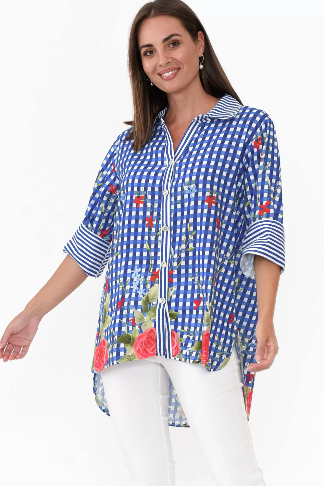 La Strada Gwendoline Blue Gingham Garden Linen Shirt Best