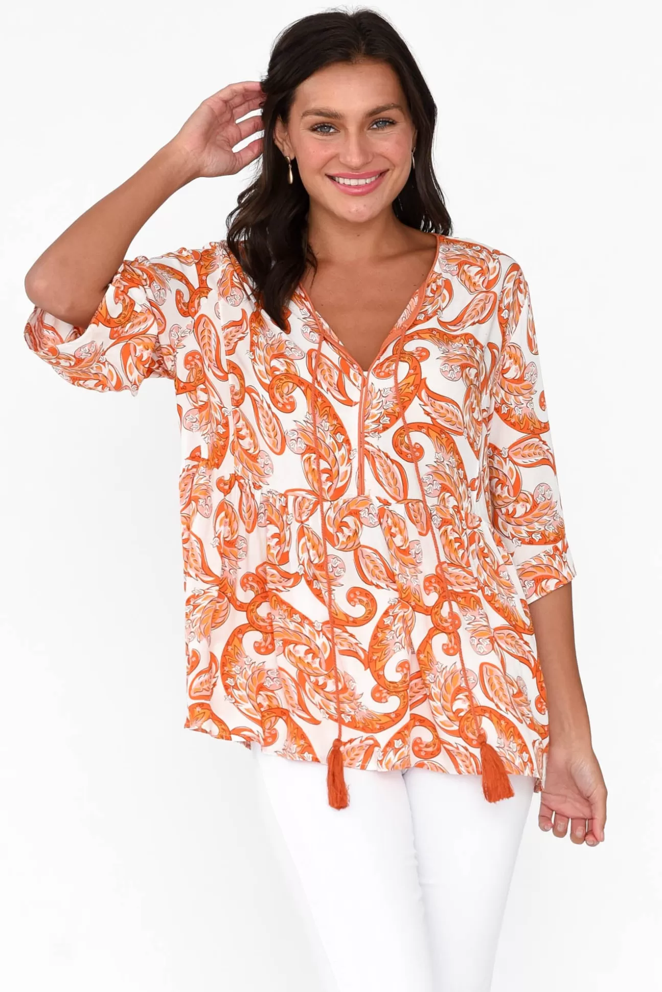 Sanctum Gwendolyn Orange Paisley Tassel Top Discount