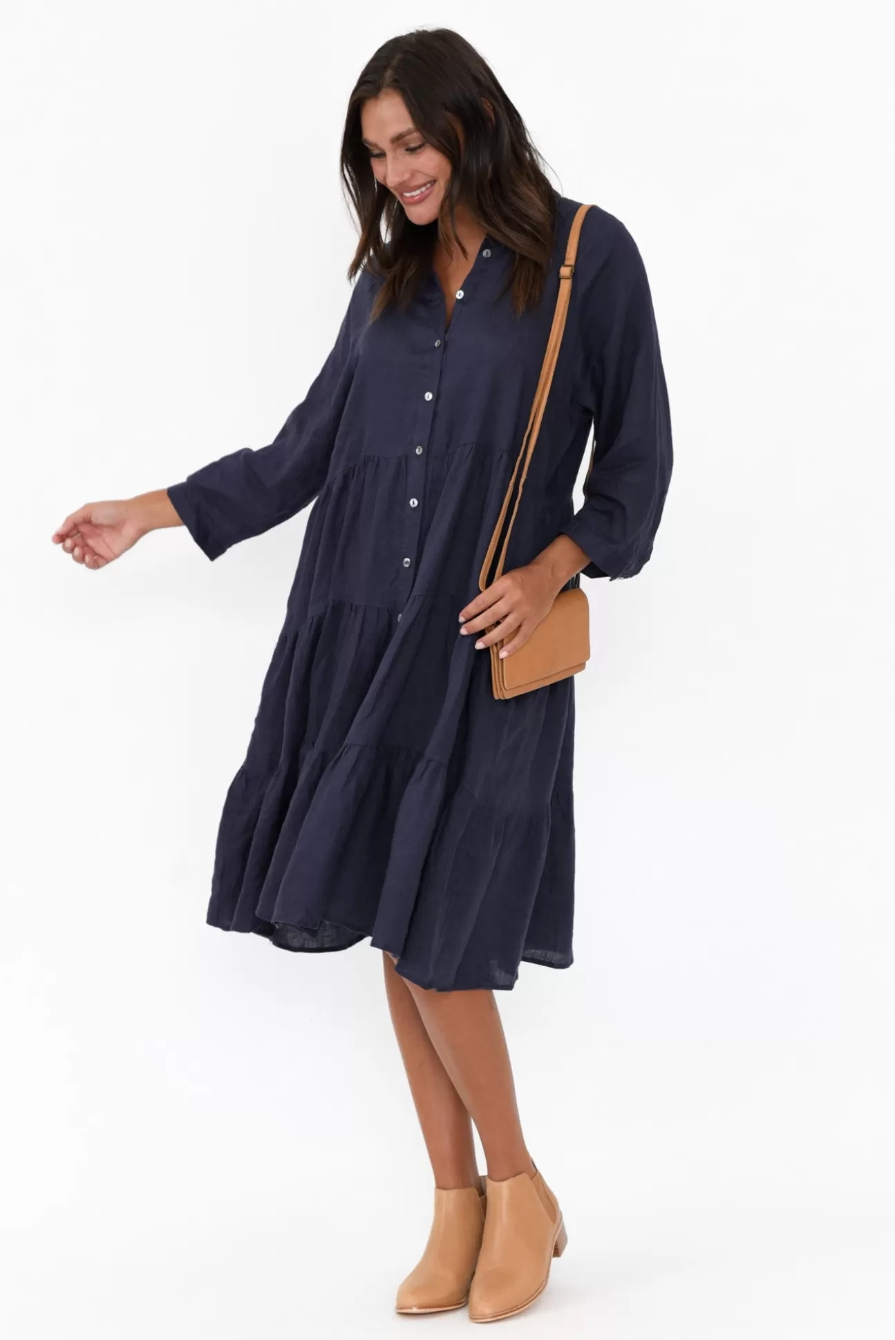 Worthier Hadley Navy Linen Tiered Dress Cheap