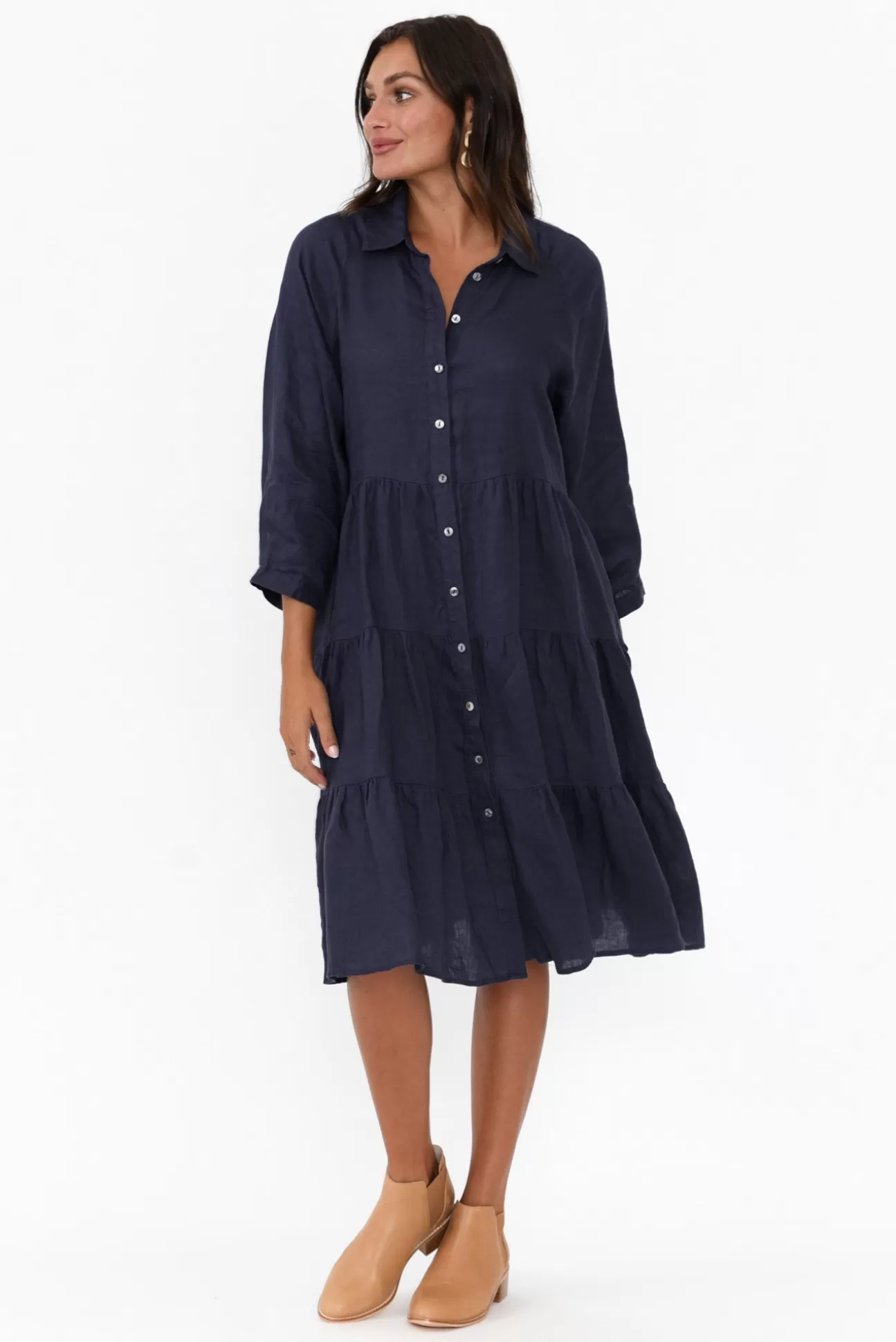 Worthier Hadley Navy Linen Tiered Dress Cheap