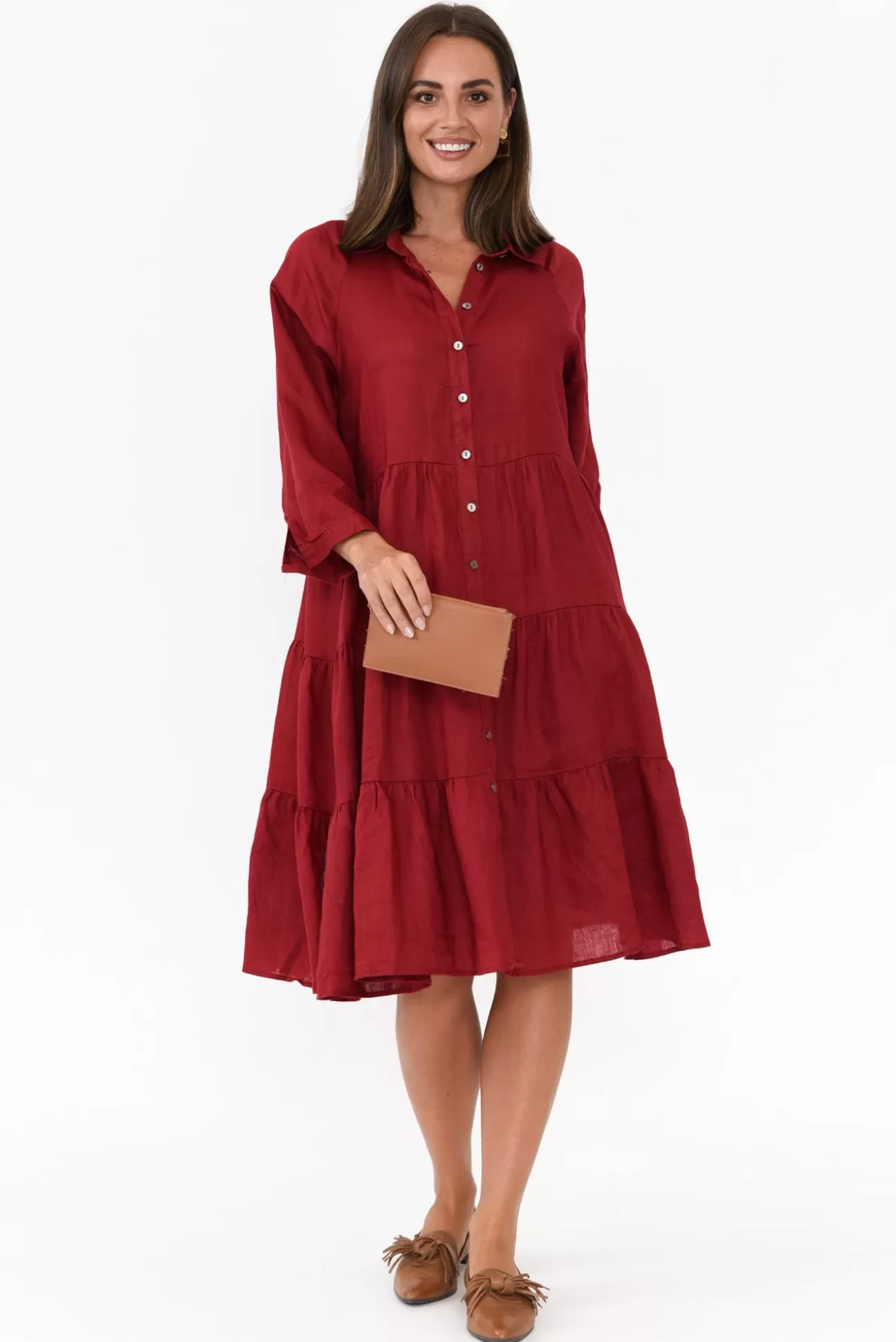 Worthier Hadley Red Linen Tiered Dress Store