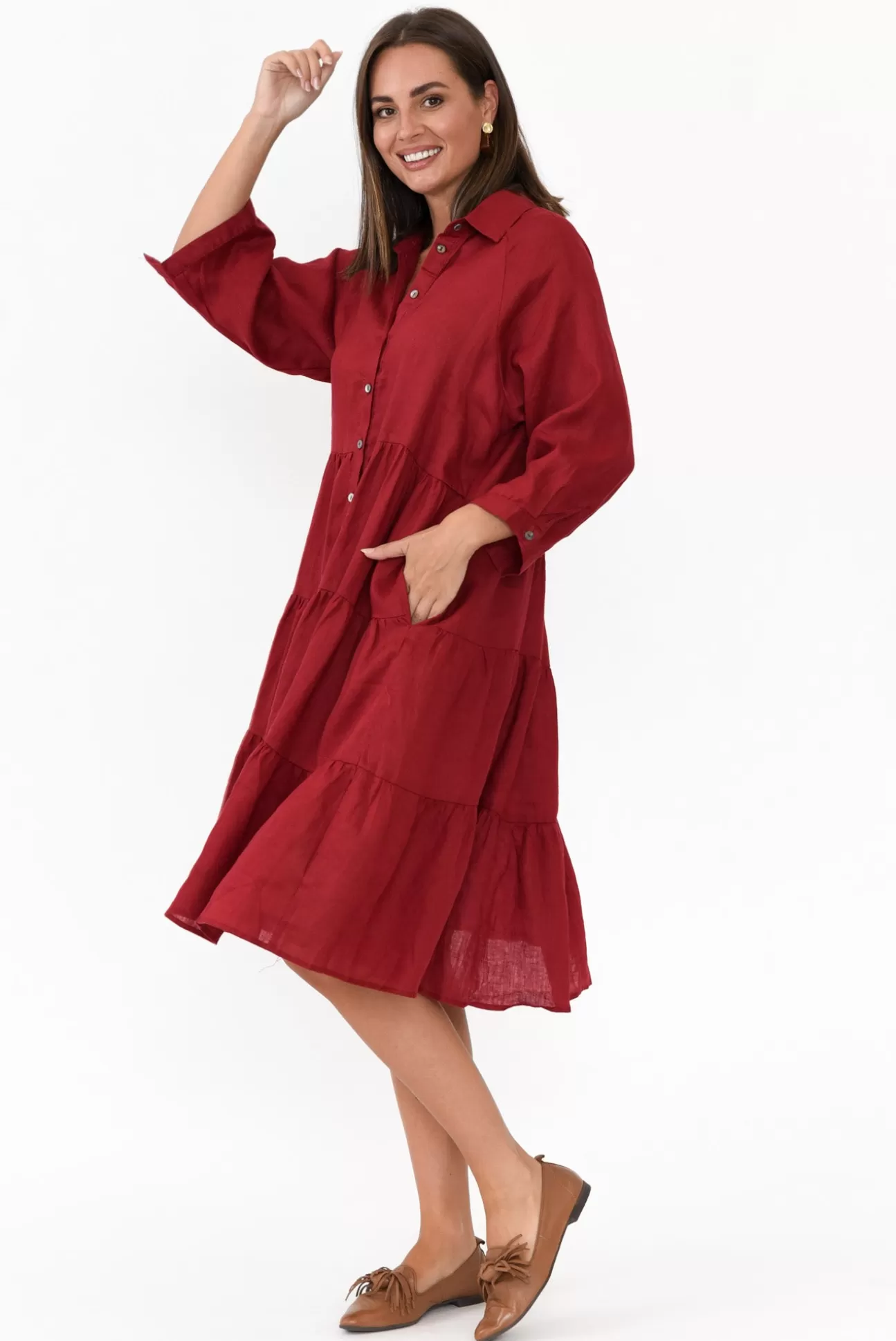 Worthier Hadley Red Linen Tiered Dress Store