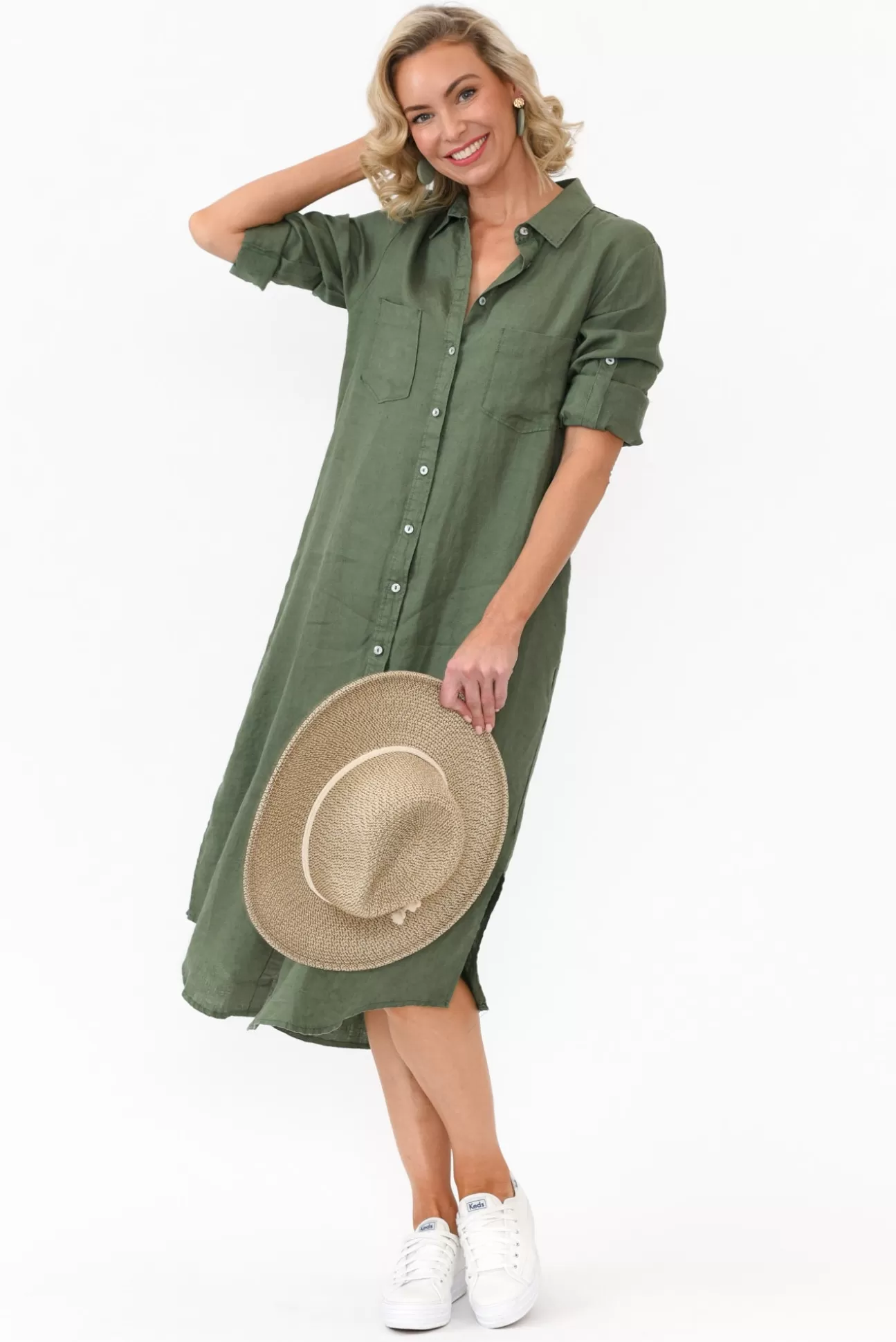 Worthier Halston Green Linen Relaxed Shirt Dress New