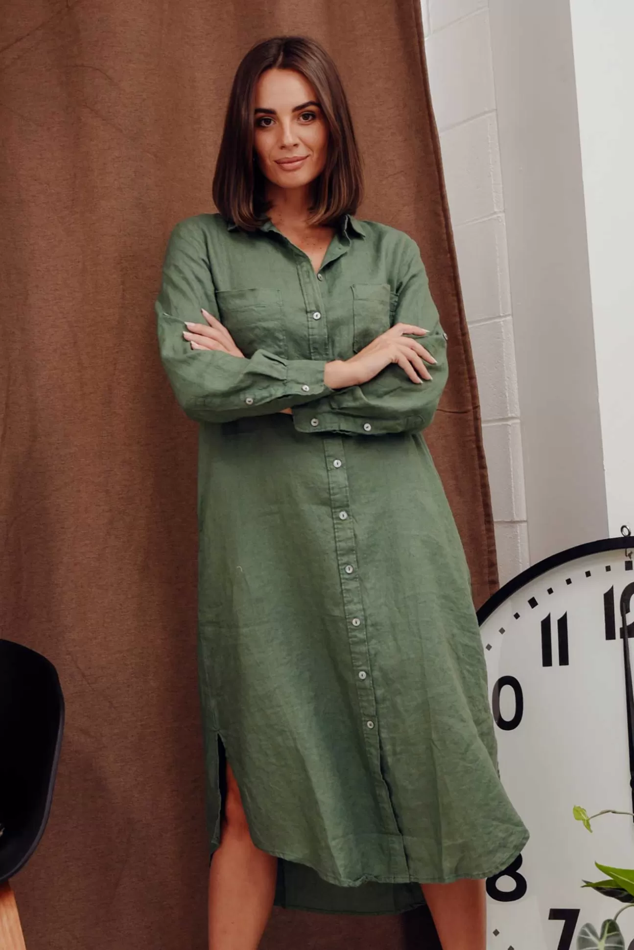 Worthier Halston Green Linen Relaxed Shirt Dress New