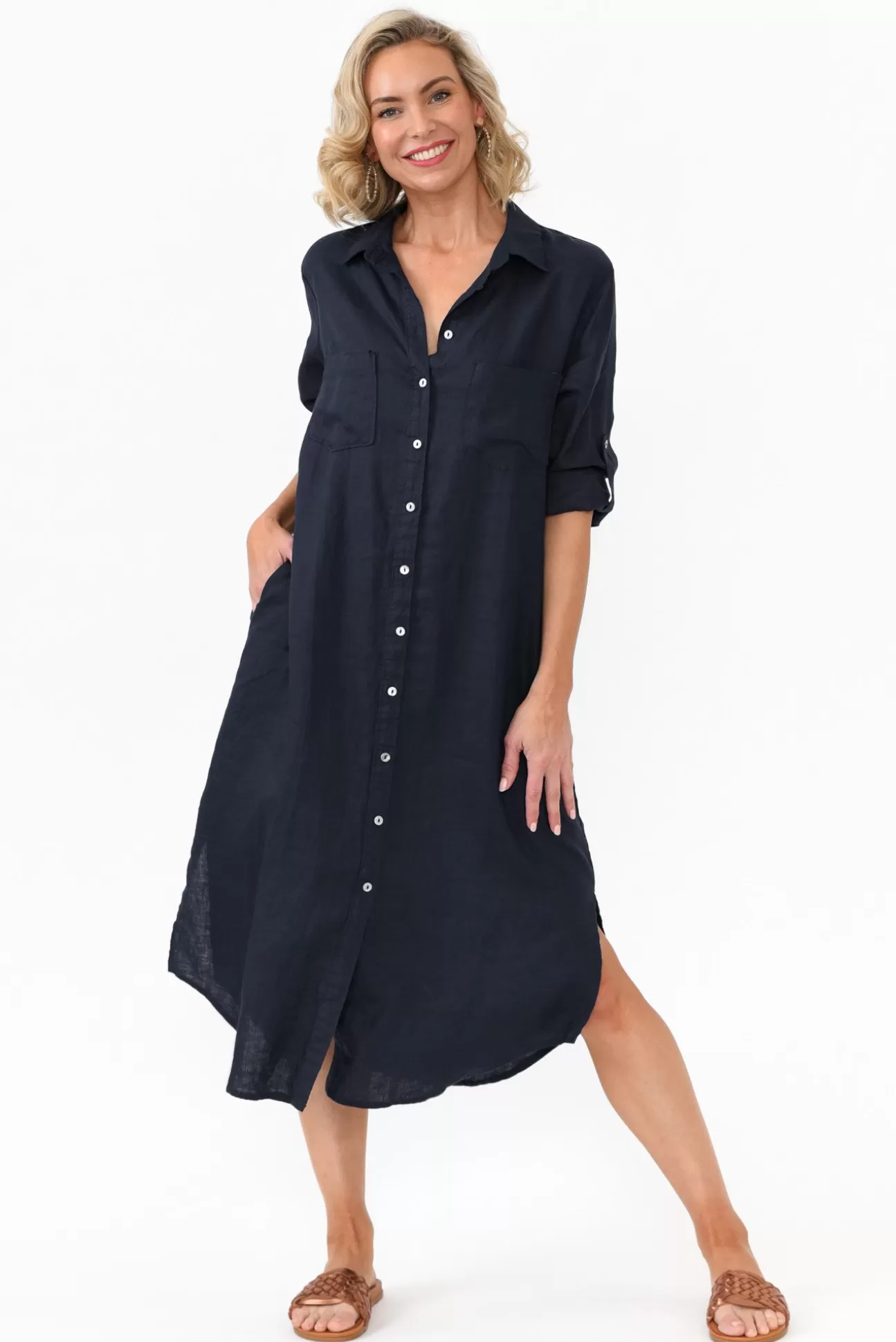 Worthier Halston Navy Linen Relaxed Shirt Dress Best