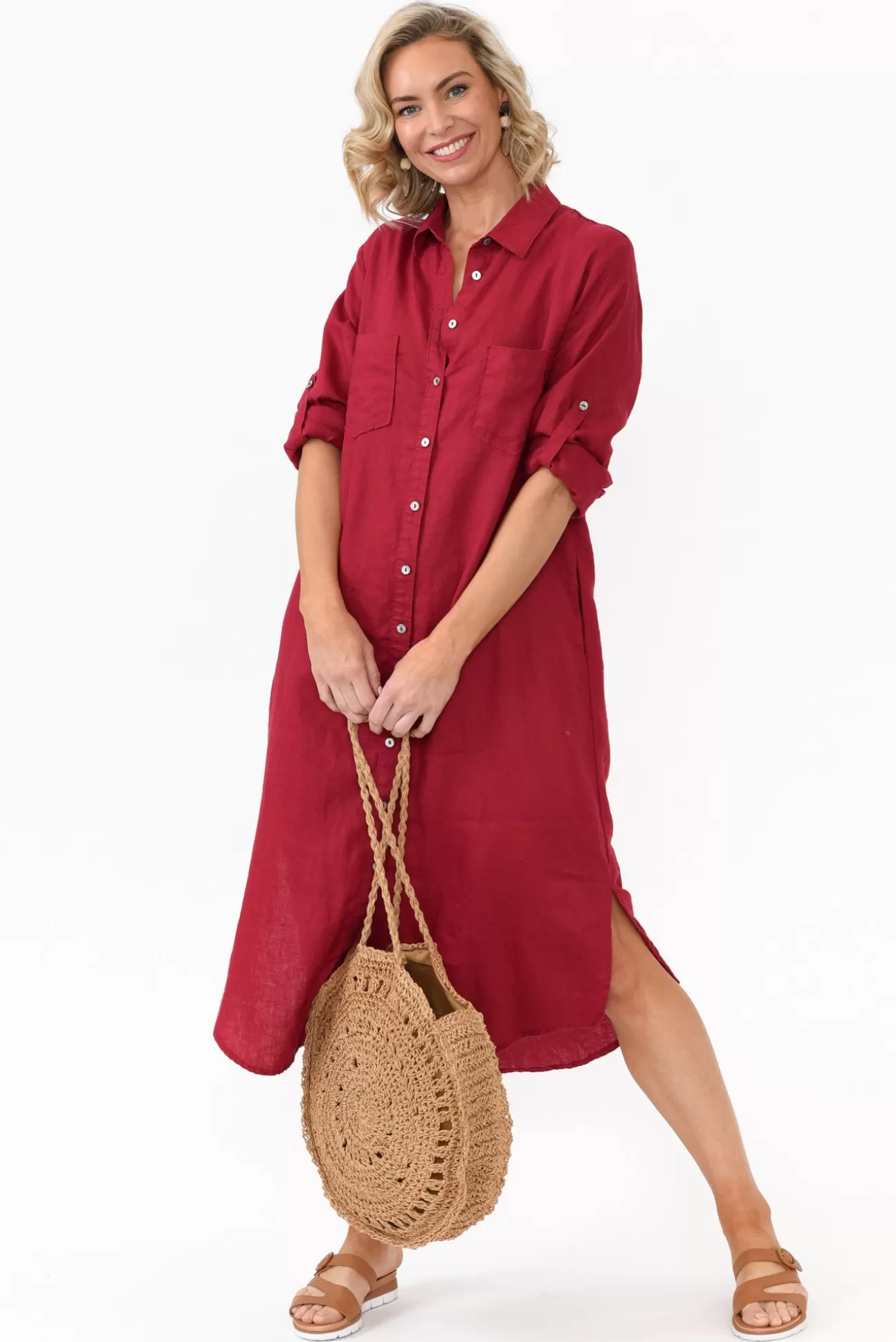 Worthier Halston Red Linen Relaxed Shirt Dress Best