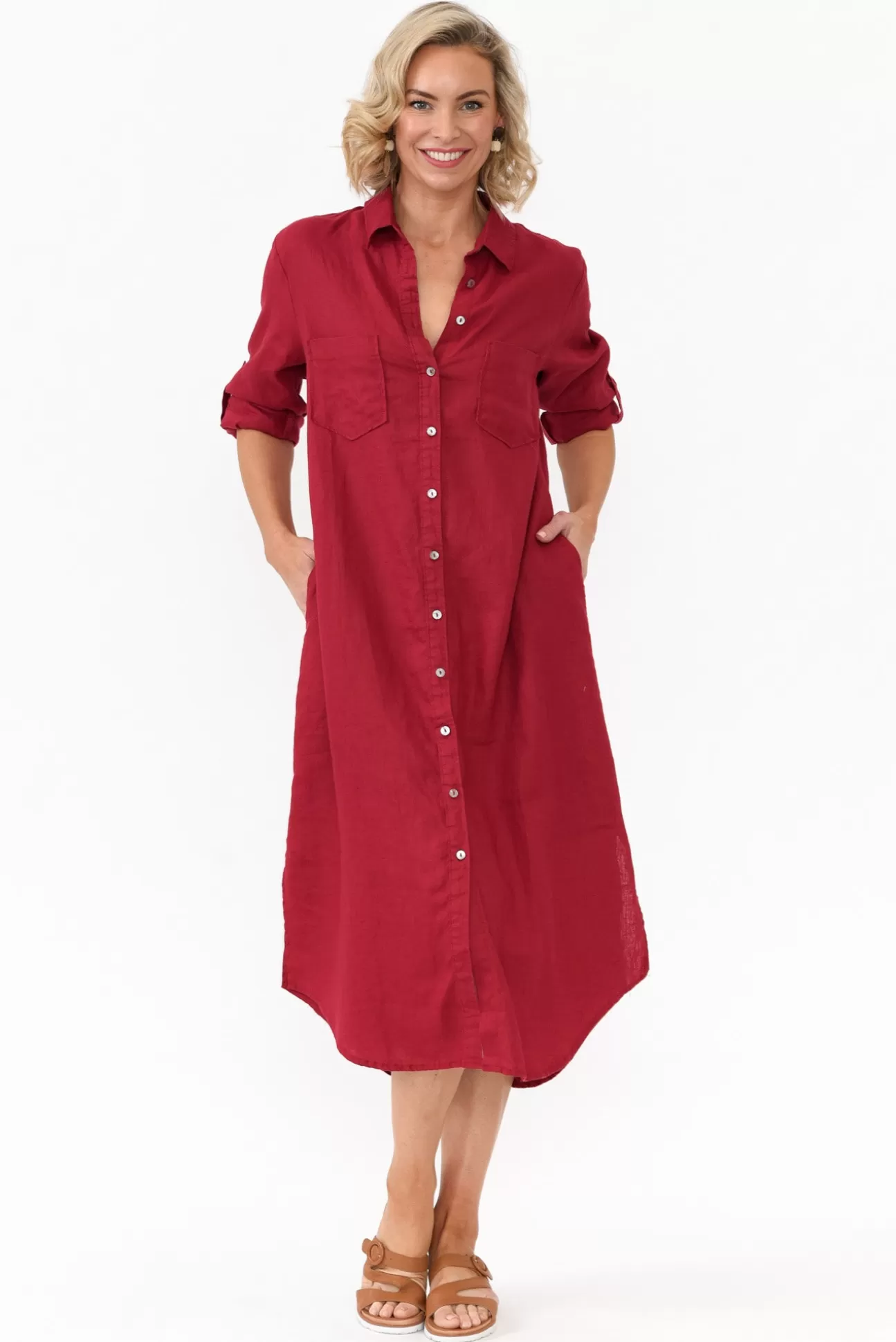 Worthier Halston Red Linen Relaxed Shirt Dress Best