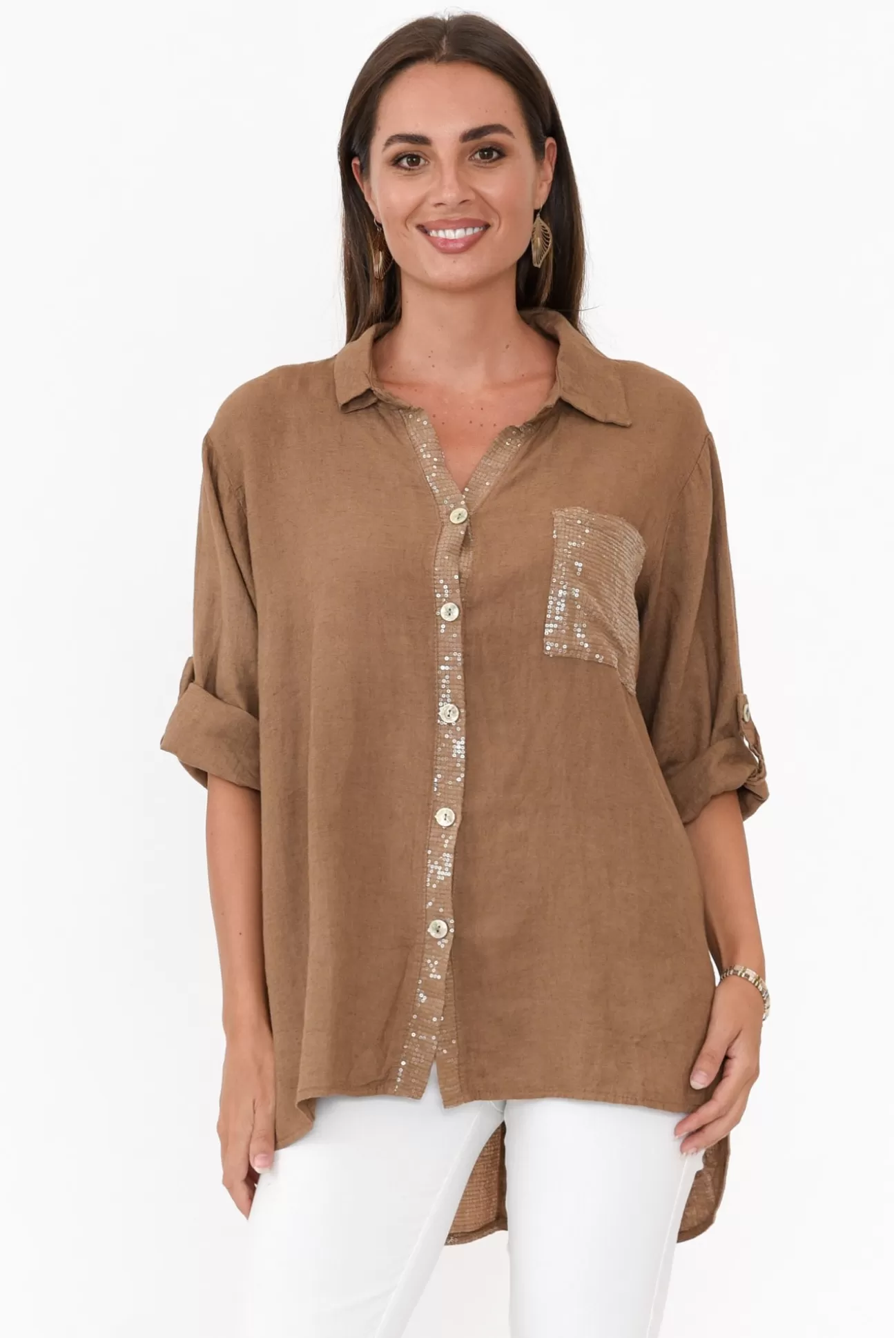 La Strada Hamish Chocolate Linen Sequin Pocket Shirt Sale