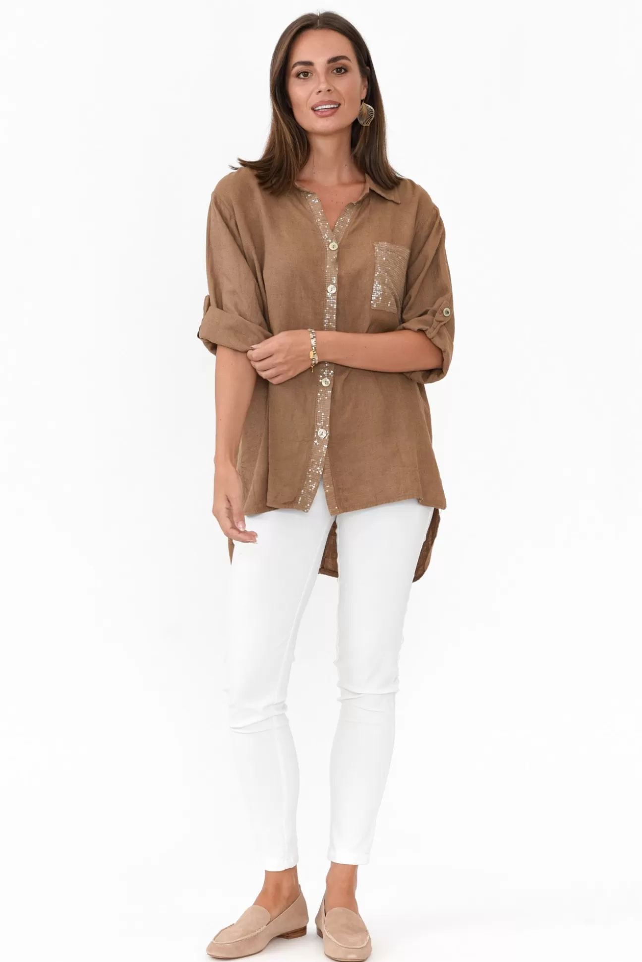 La Strada Hamish Chocolate Linen Sequin Pocket Shirt Sale