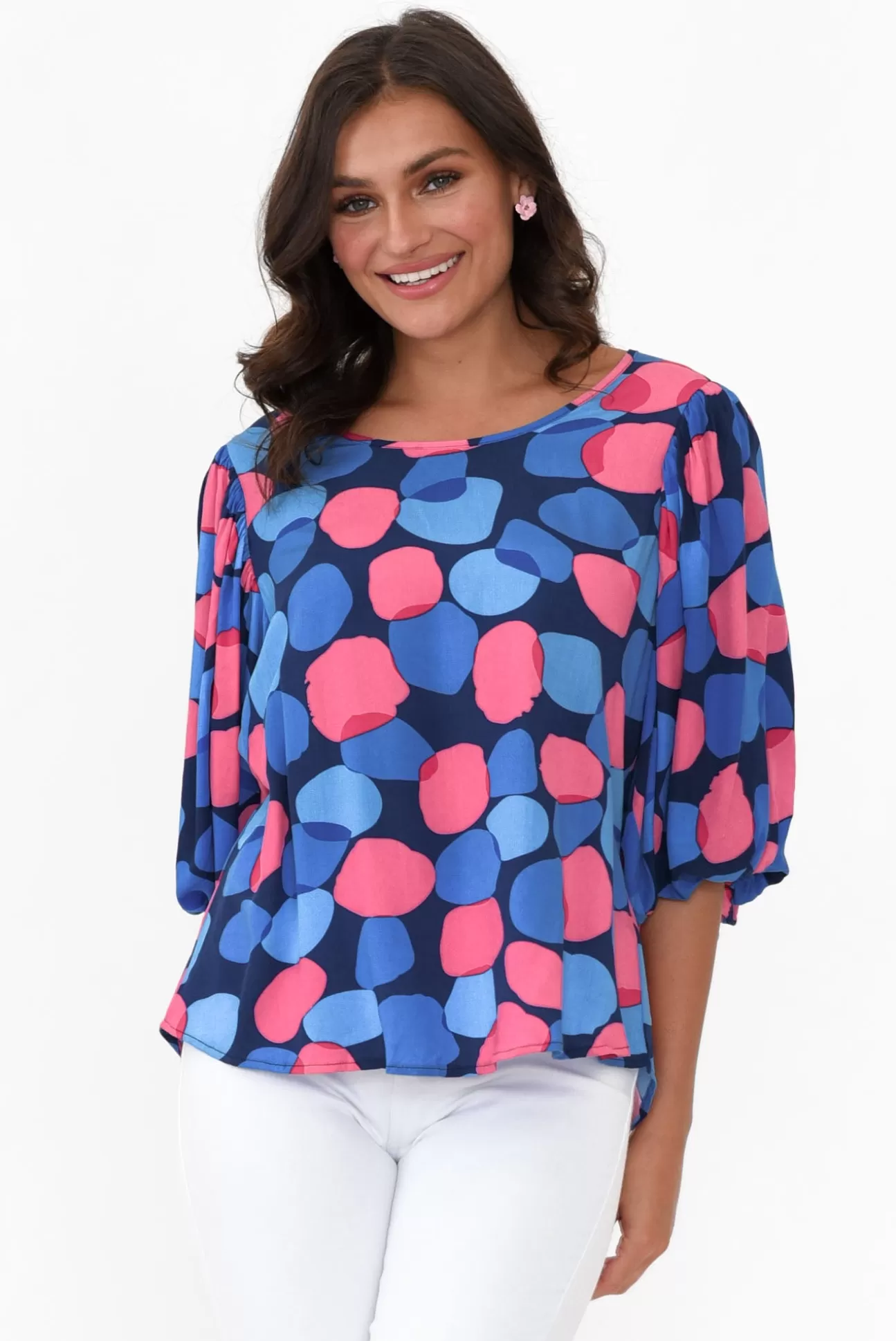 New U Collection Heath Blue Spot Puff Sleeve Top Sale