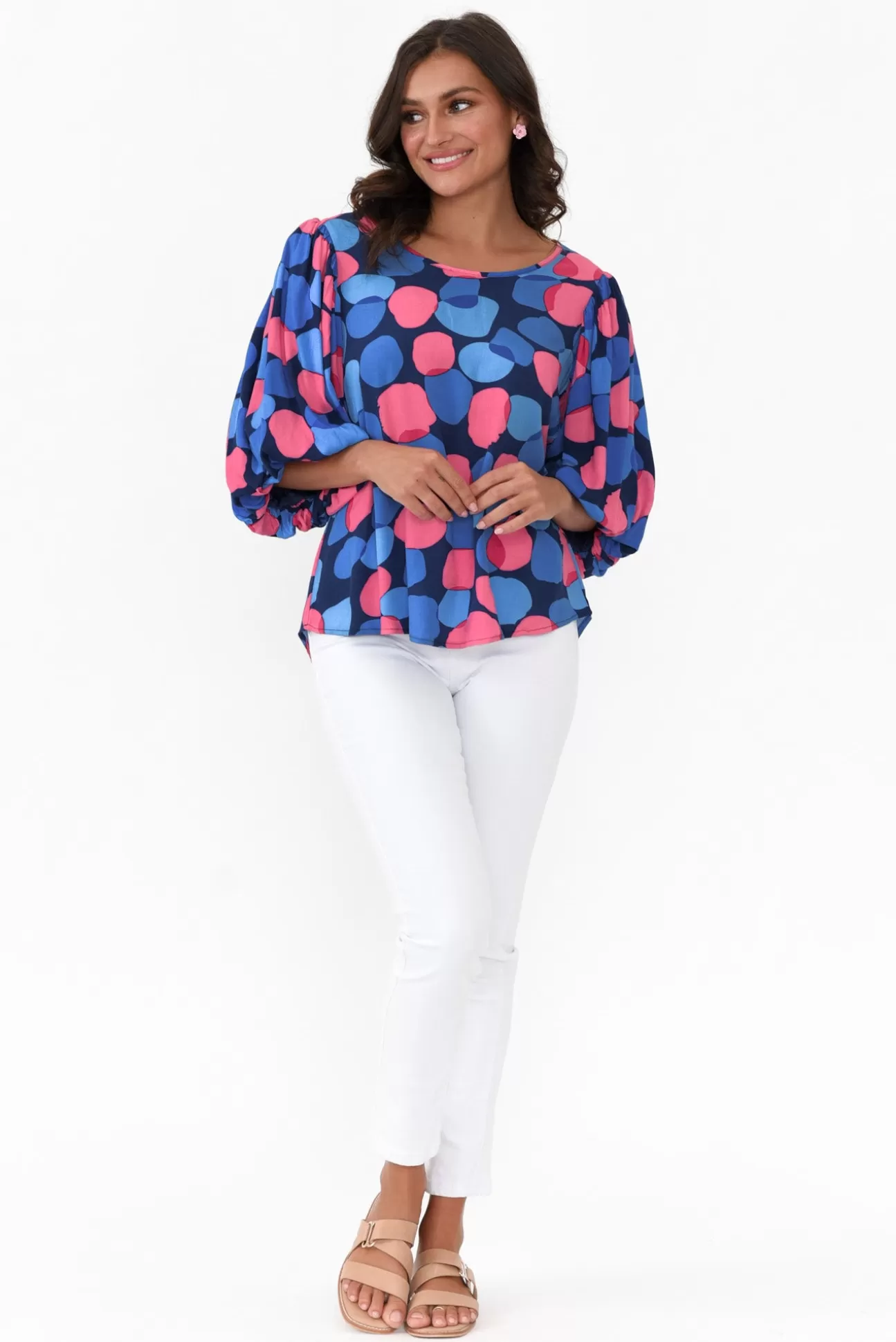 New U Collection Heath Blue Spot Puff Sleeve Top Sale