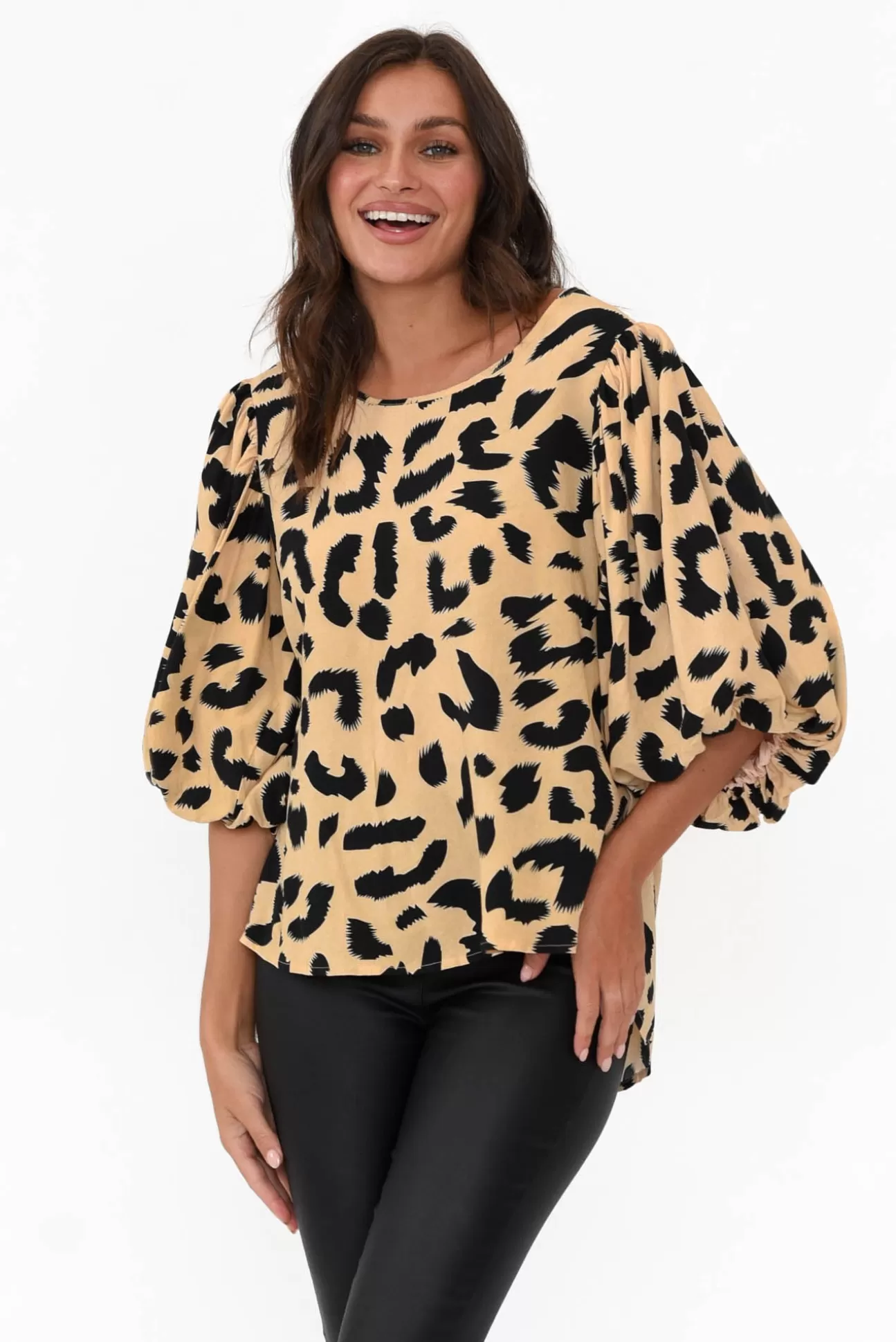 New U Collection Heath Cream Leopard Puff Sleeve Top Cheap