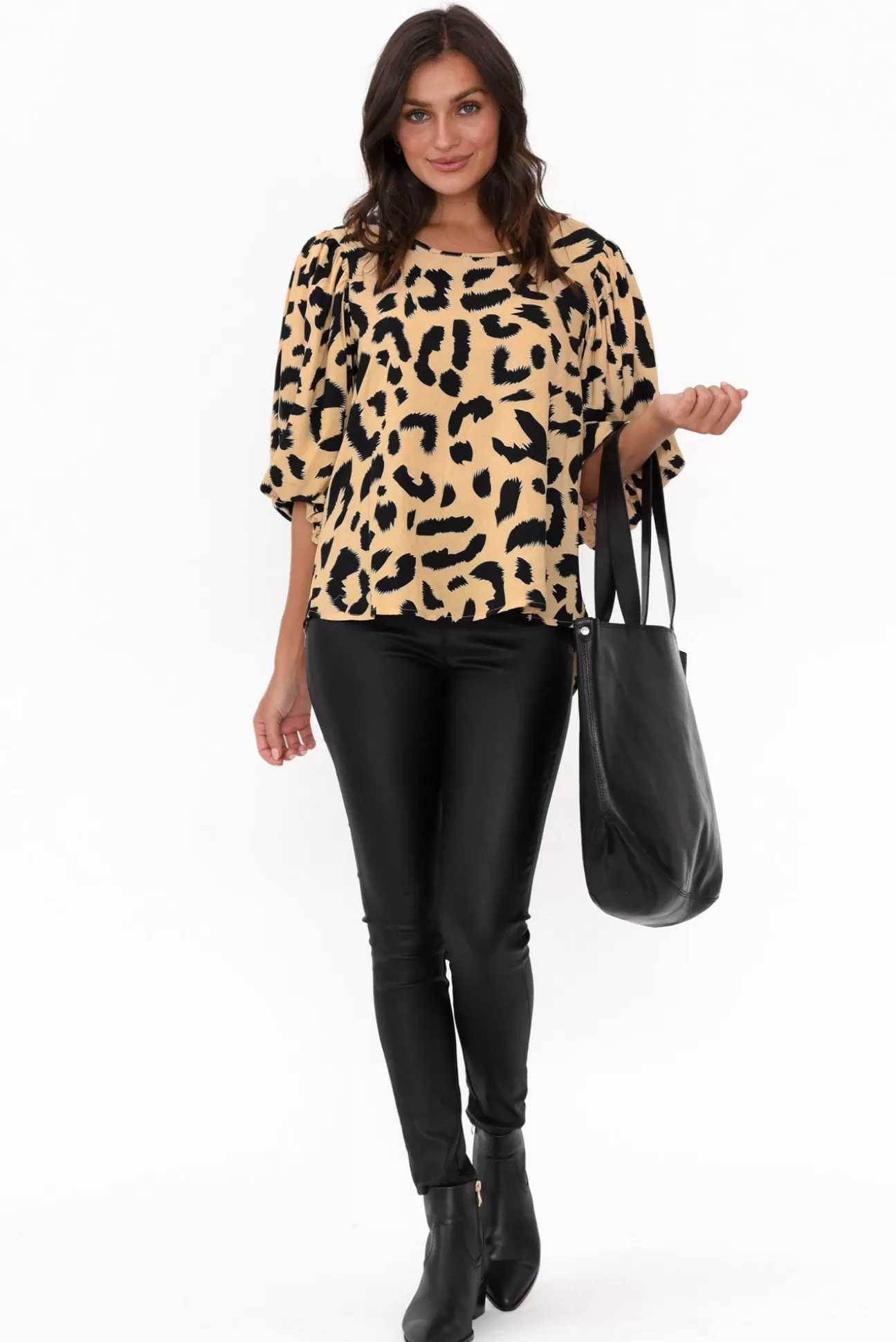 New U Collection Heath Cream Leopard Puff Sleeve Top Cheap