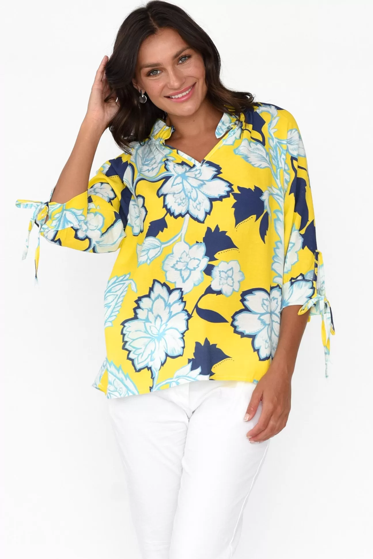 La Strada Hebe Yellow Floral Linen Blend Top Clearance