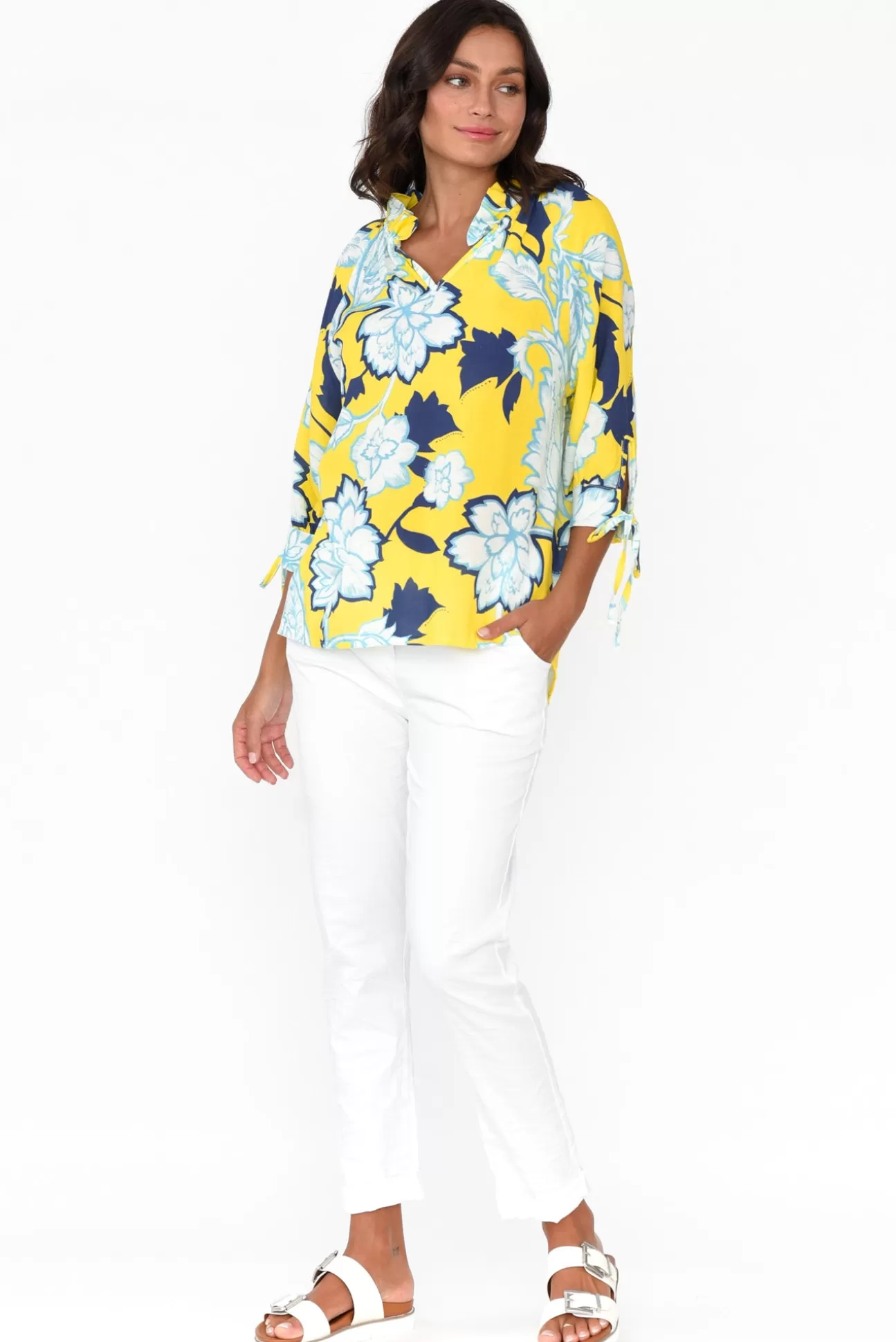 La Strada Hebe Yellow Floral Linen Blend Top Clearance