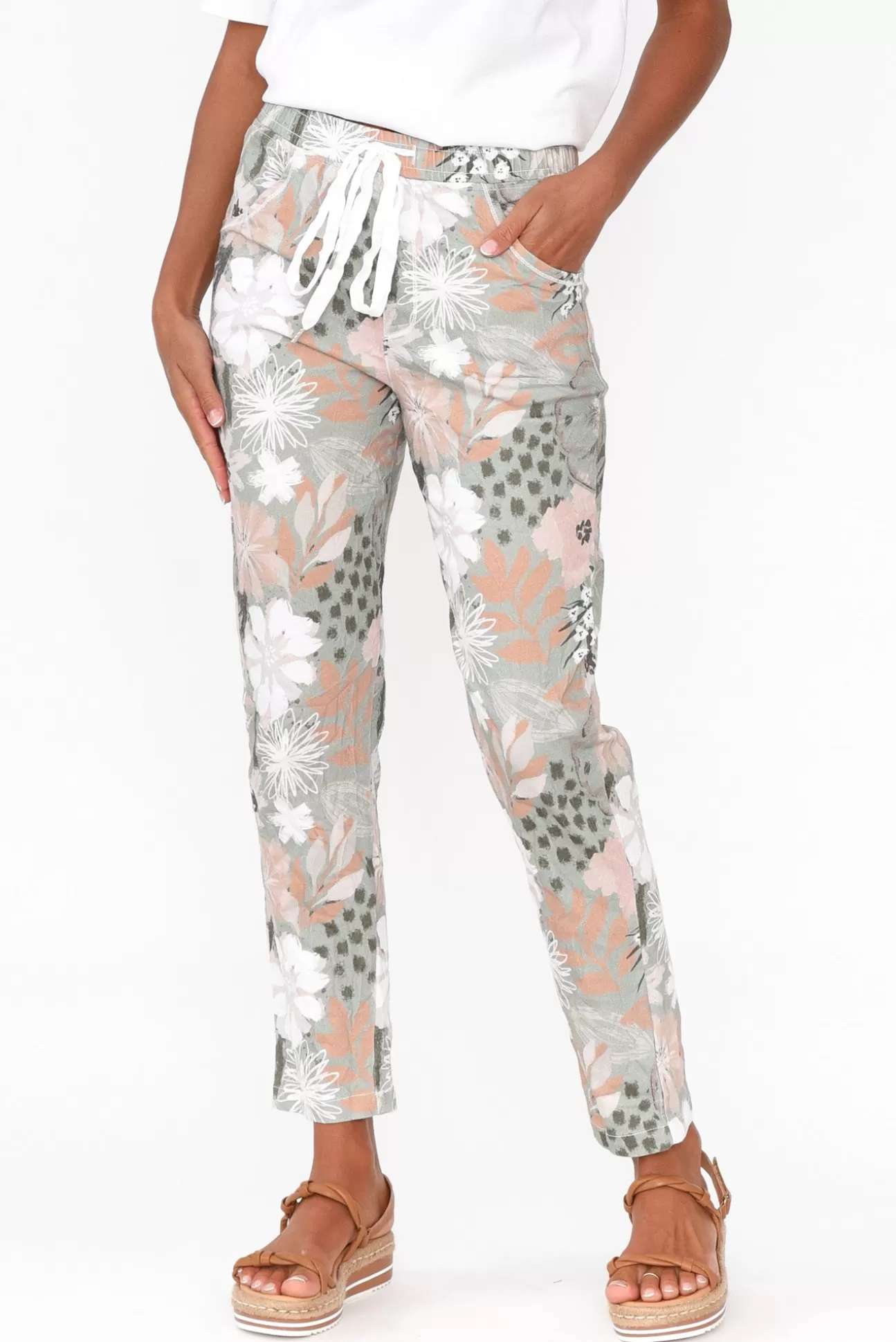 Cafe Latte Hedda Khaki Floral Drawstring Pant Cheap