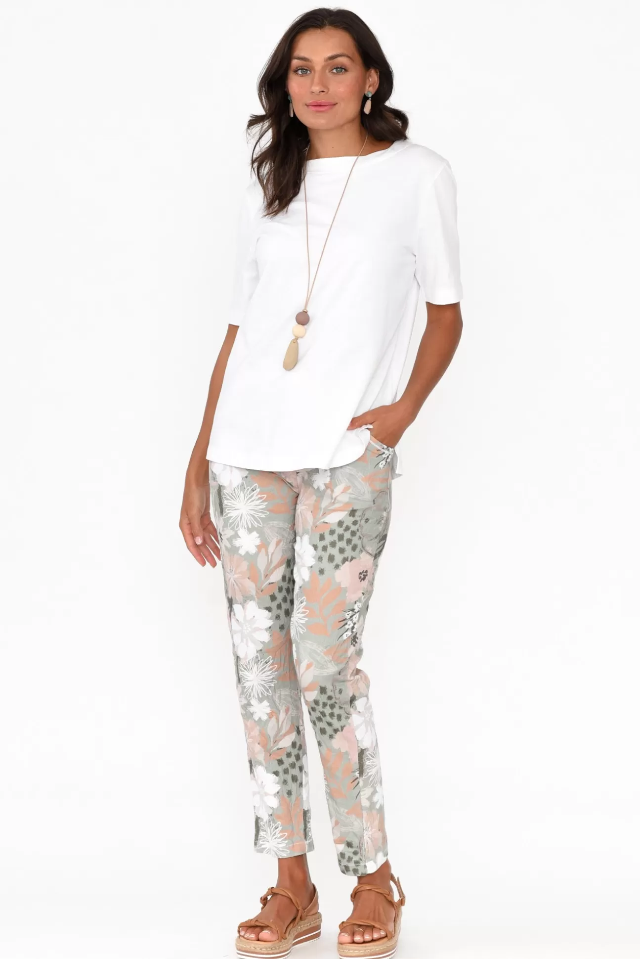 Cafe Latte Hedda Khaki Floral Drawstring Pant Cheap