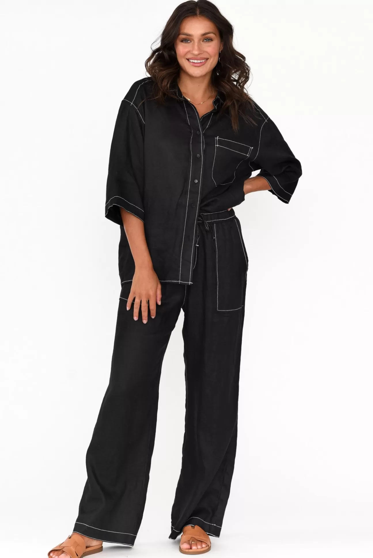 Label Of Love Hester Black Linen Pocket Pant Discount