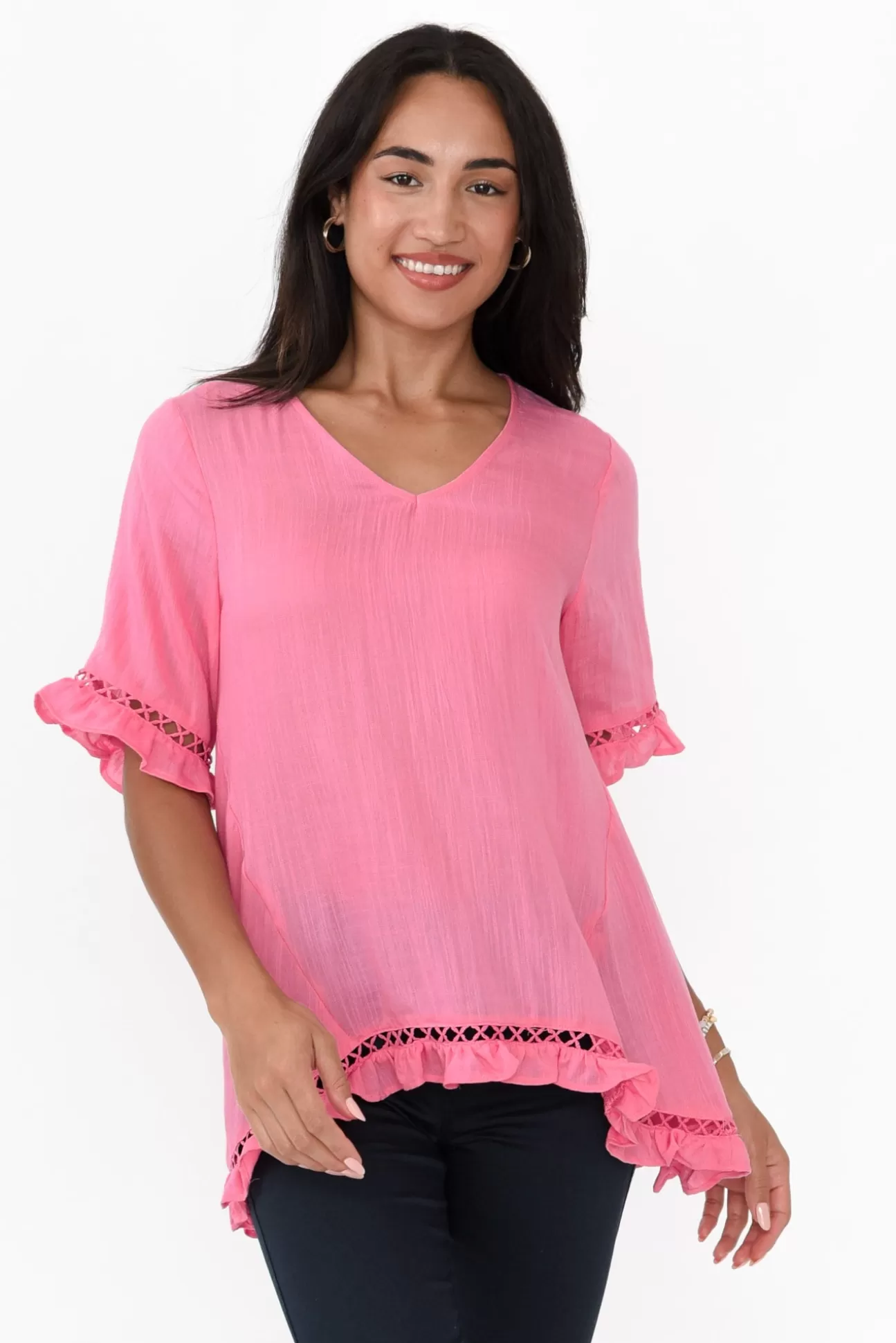 Willow Tree Hewitt Pink V Neck Ruffle Top Fashion