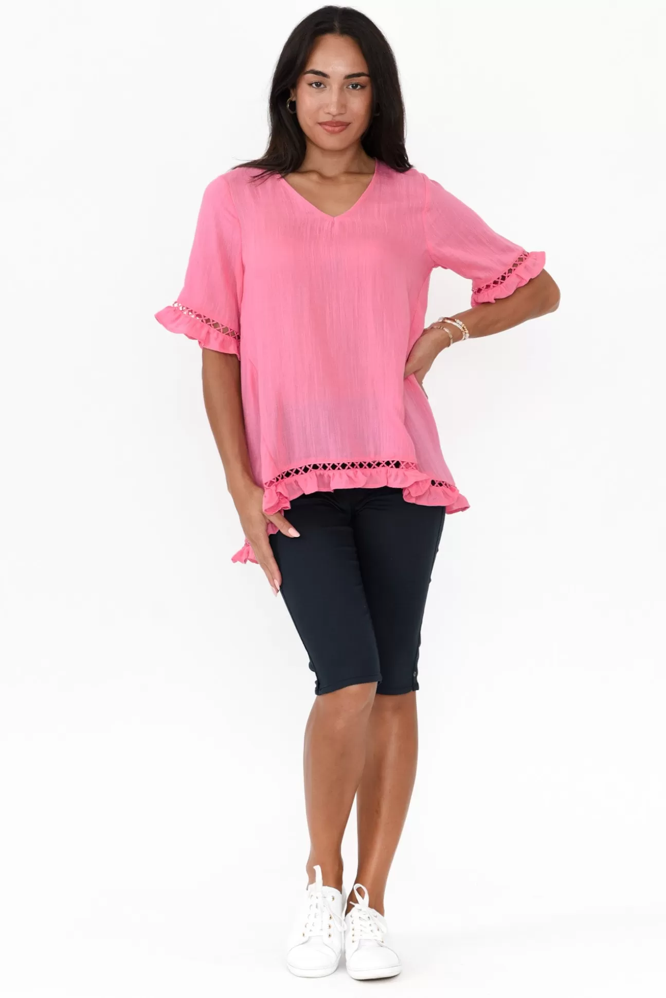 Willow Tree Hewitt Pink V Neck Ruffle Top Fashion