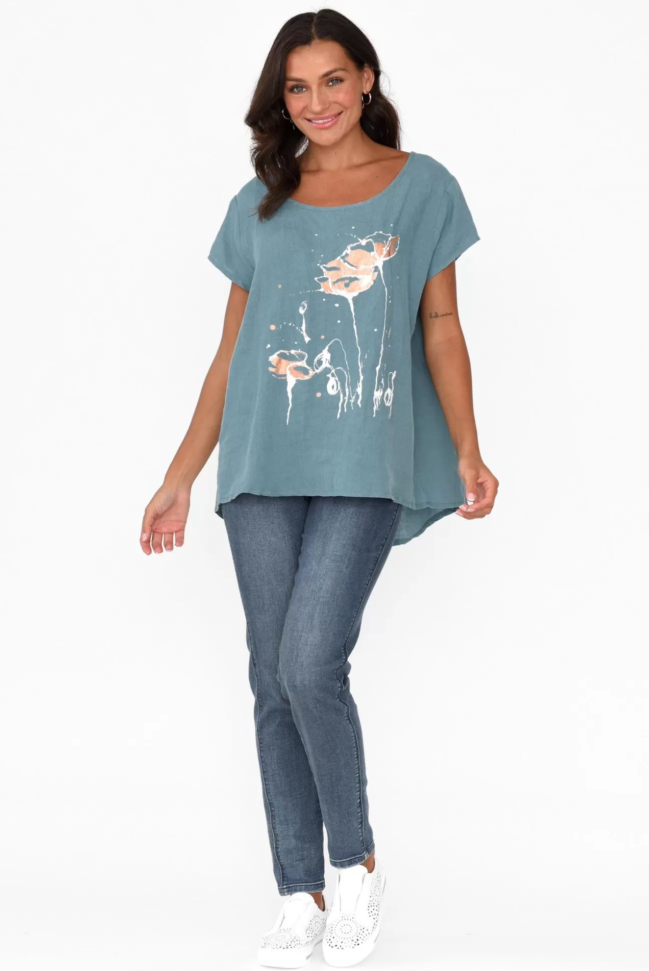 Cali and Co Hiromi Blue Foil Flower Linen Top Hot