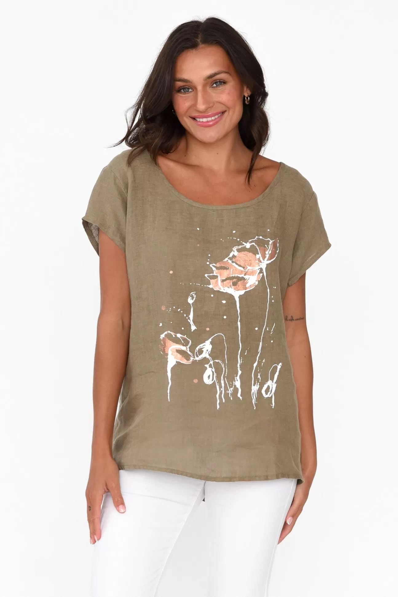 Cali and Co Hiromi Khaki Foil Flower Linen Top Best Sale