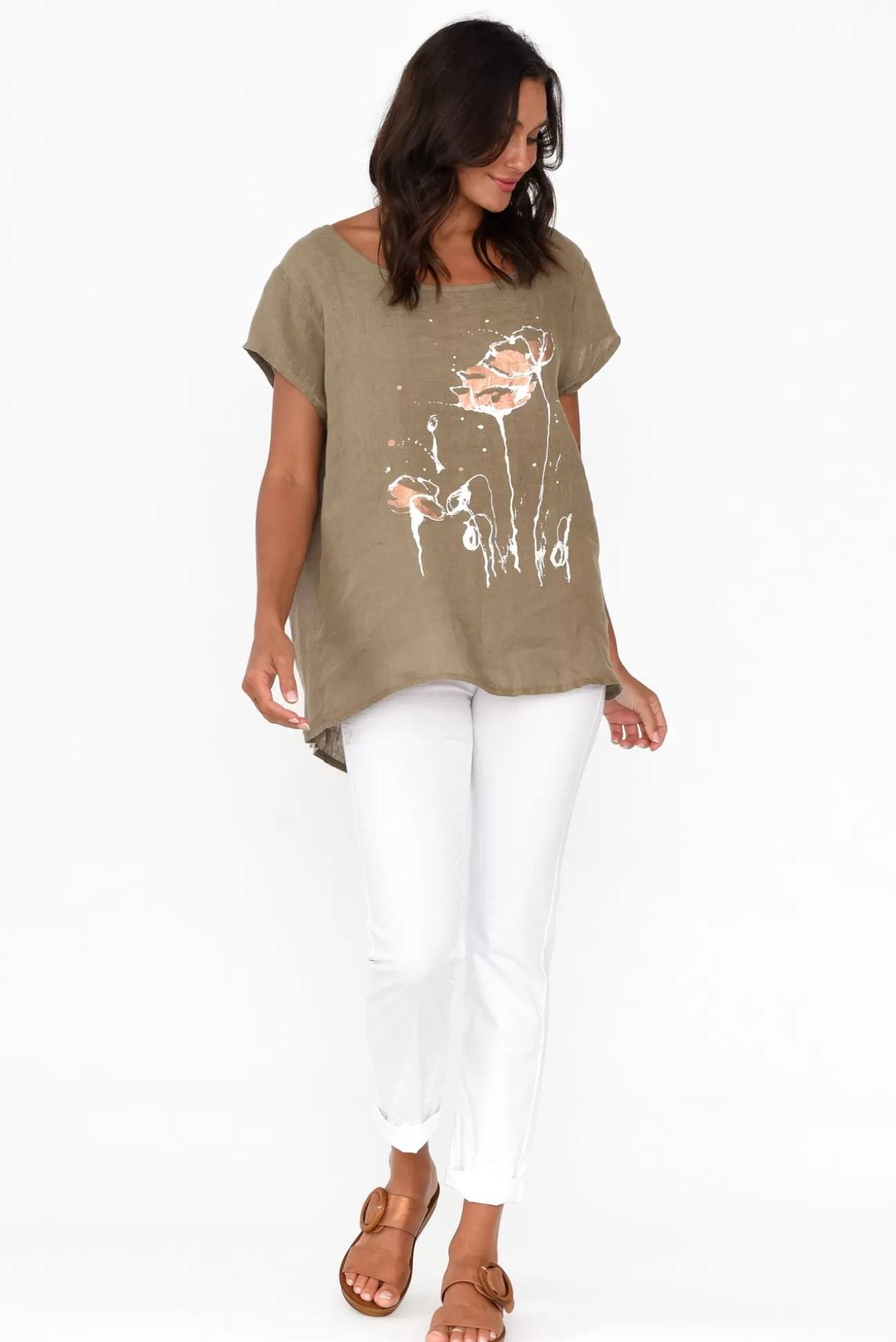 Cali and Co Hiromi Khaki Foil Flower Linen Top Best Sale