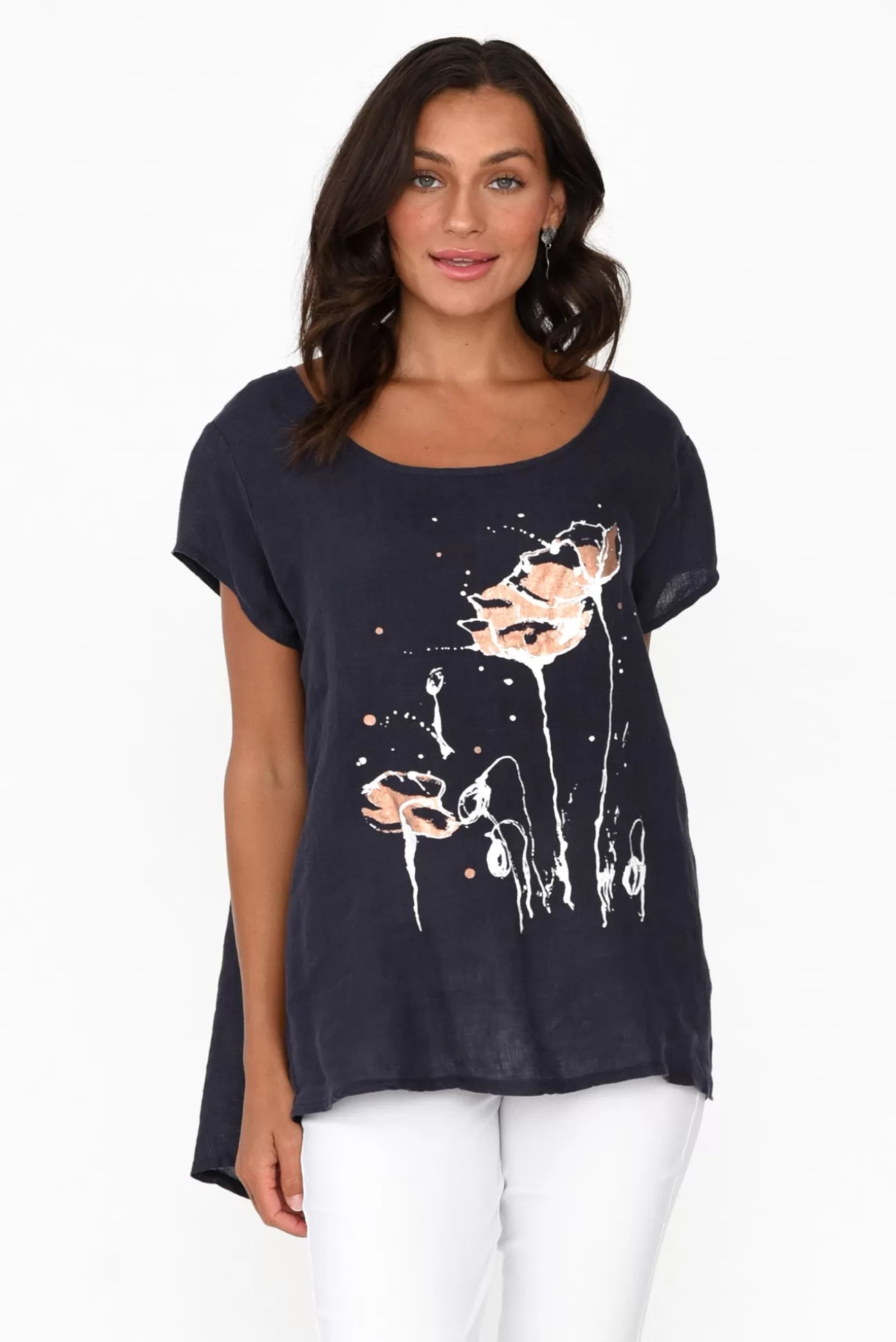 Cali and Co Hiromi Navy Foil Flower Linen Top Cheap