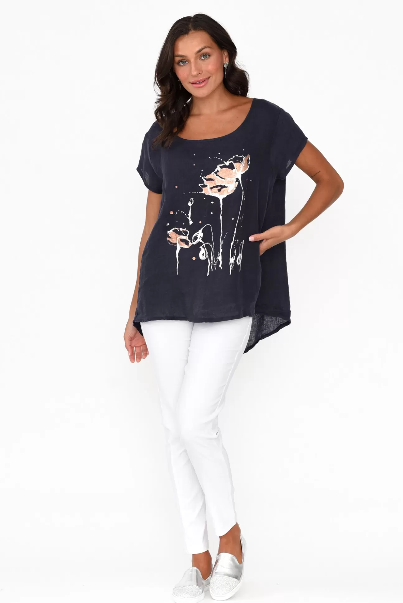 Cali and Co Hiromi Navy Foil Flower Linen Top Cheap