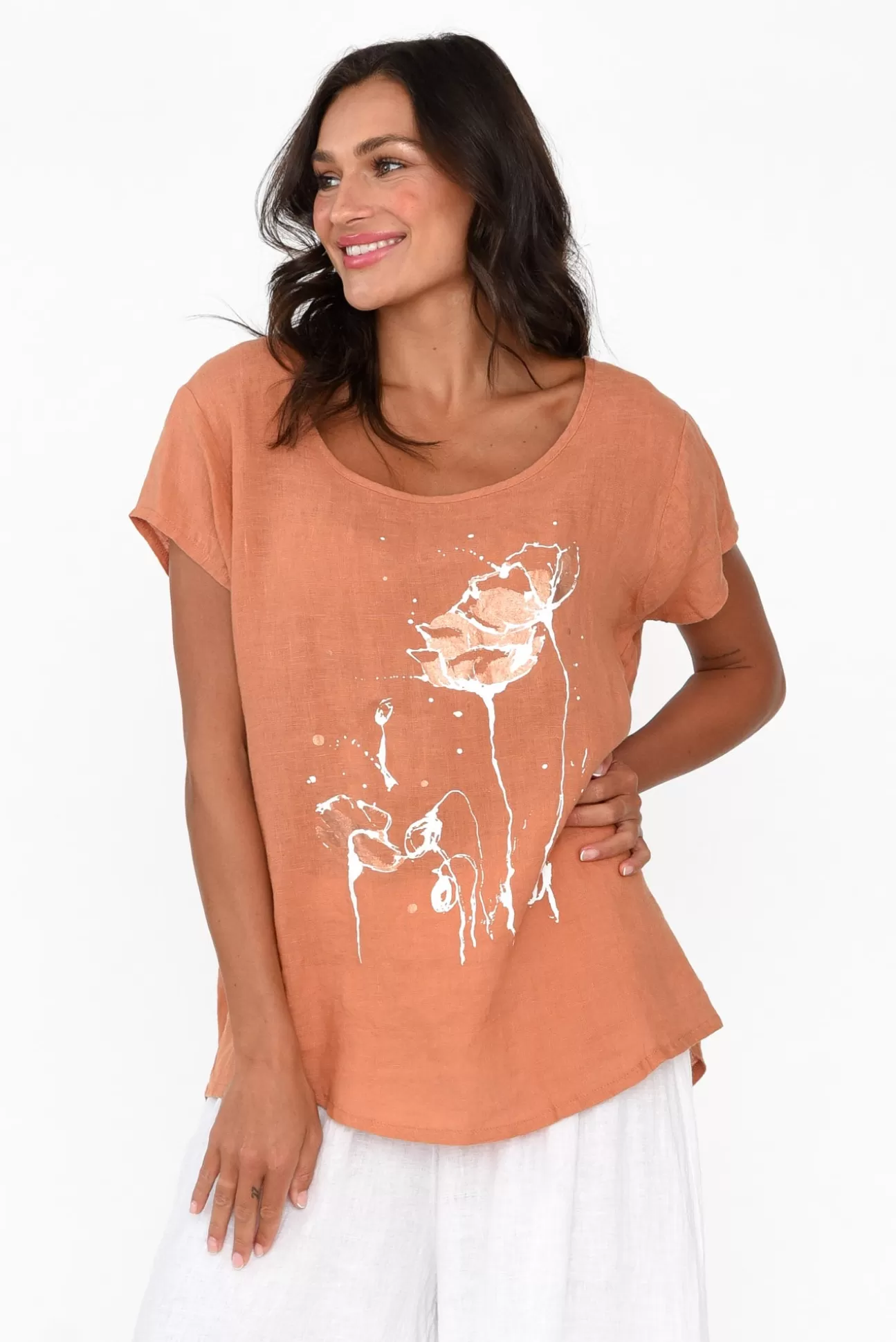 Cali and Co Hiromi Orange Foil Flower Linen Top Store