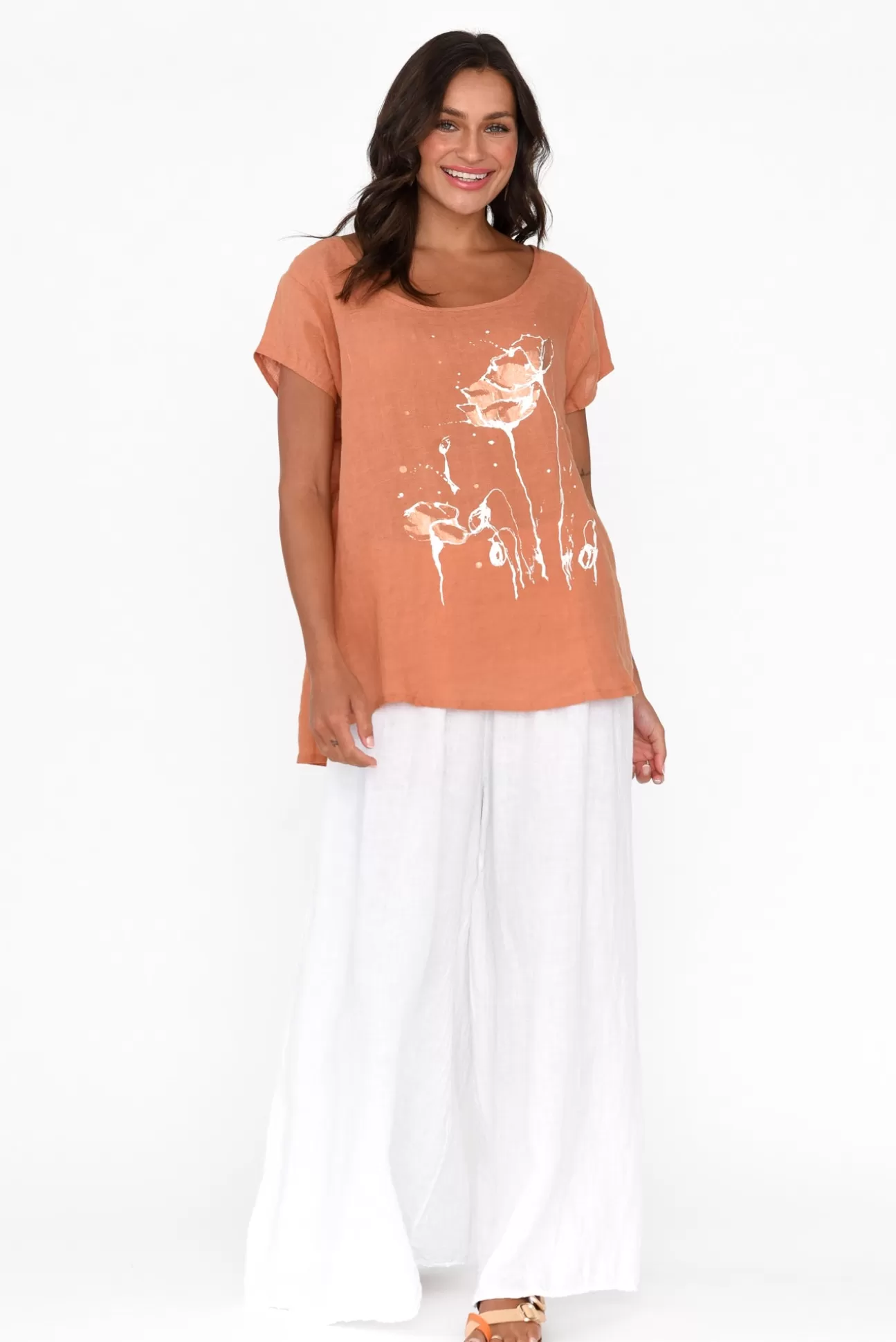 Cali and Co Hiromi Orange Foil Flower Linen Top Store