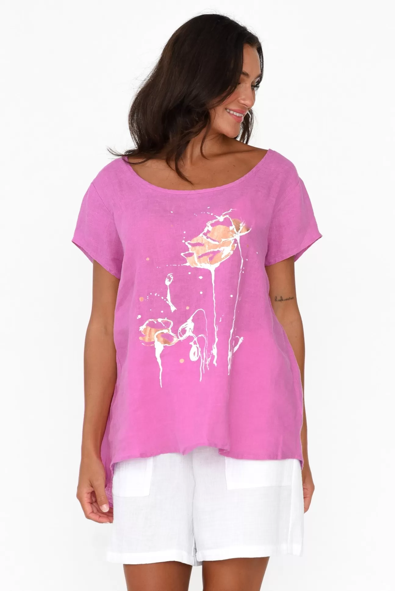 Cali and Co Hiromi Pink Foil Flower Linen Top Cheap