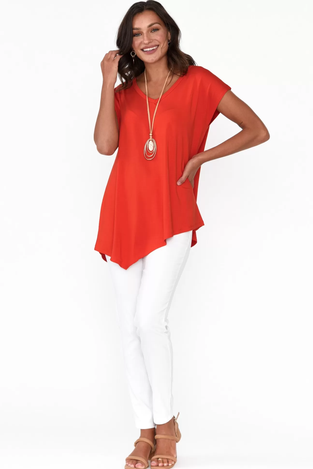 Lou Lou Holiday Red Asymmetrical Bamboo Tee Outlet