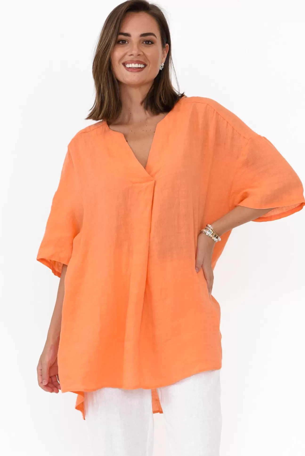 Cali and Co Holland Orange Linen V Neck Tunic Clearance